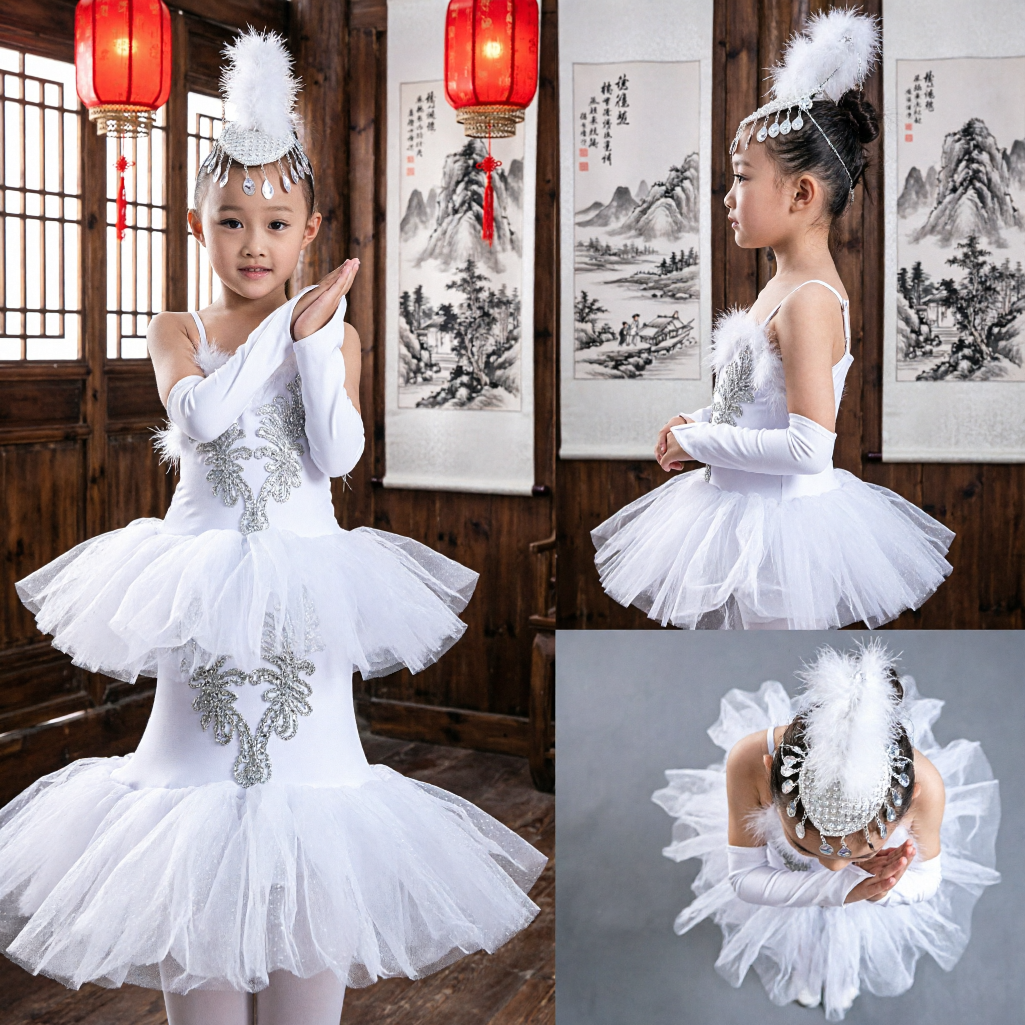 Girls White Swan Ballet Tutu Dress with Feather Headpiece for Stage Dance Performance Show - Asian Costume