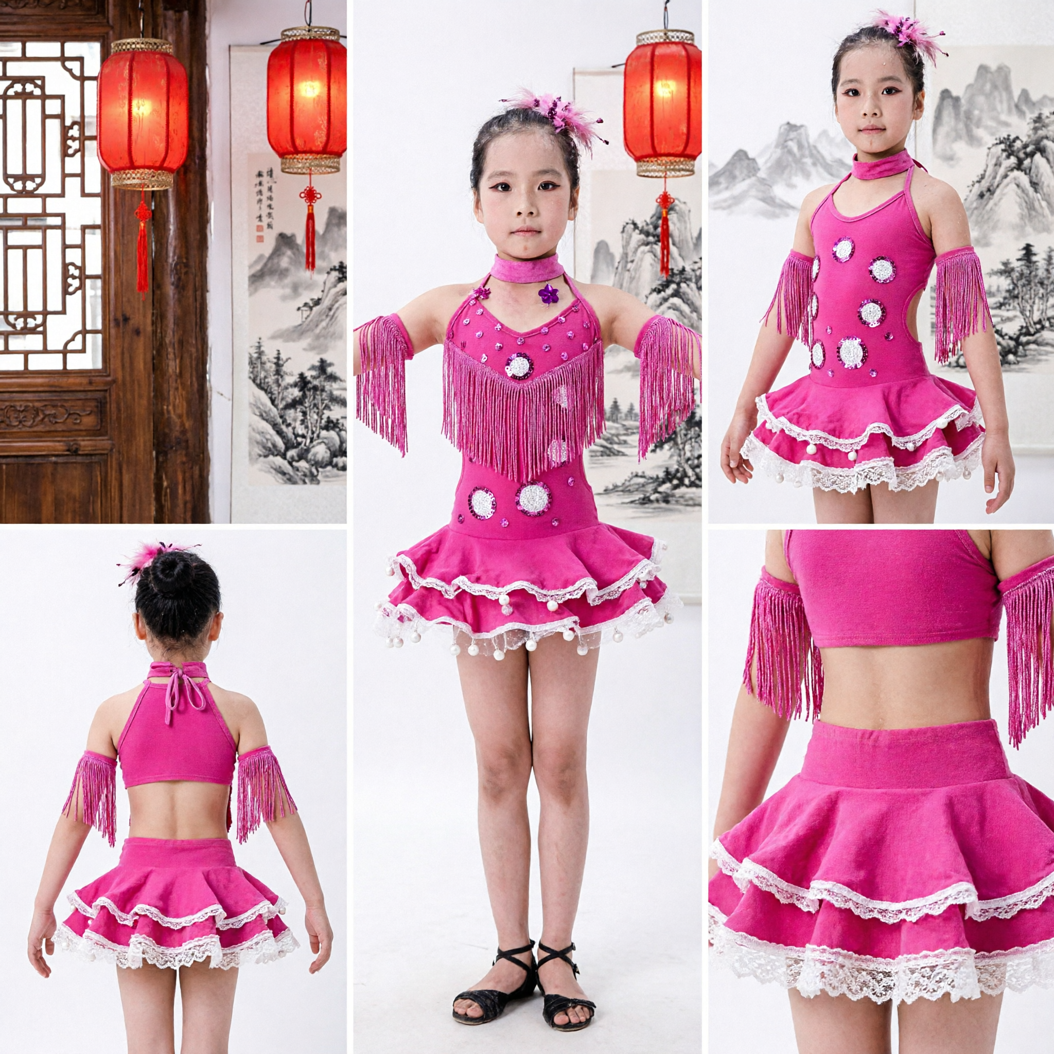 Kids Girls Latin Dance Dress Pink Fringe Ruffle Costume for Salsa Competition Stage - Asian Costume