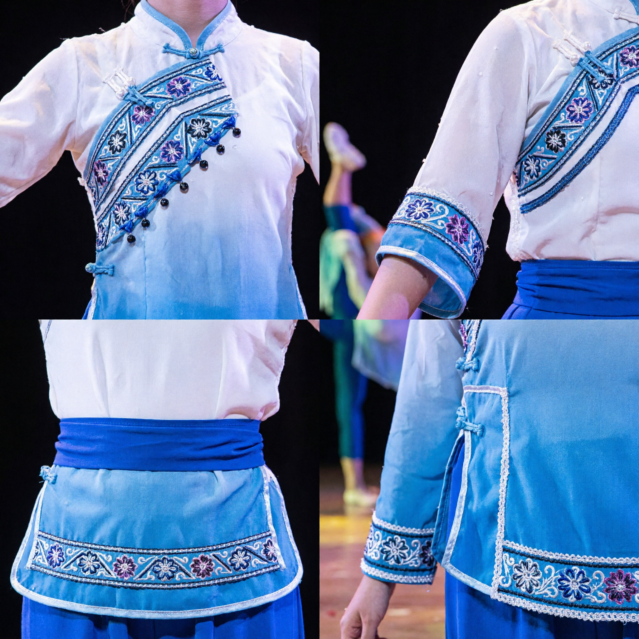 Classical Chinese Dance Costume Women Teal and White Gradient Outfit for Stage Performance Group Competition - Asian Costume