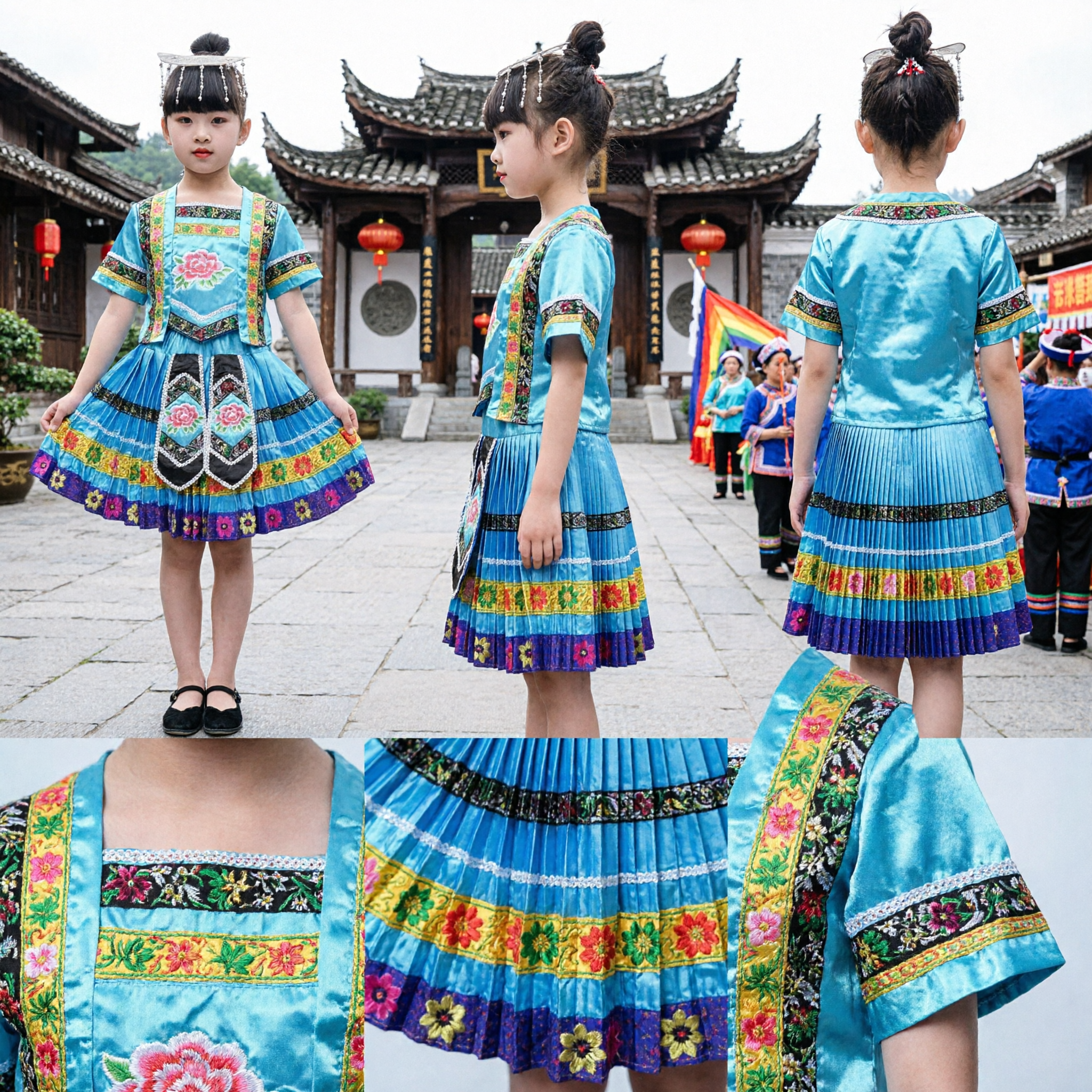 Traditional Chinese Miao Ethnic Minority Folk Dance Costume for Girls Blue Embroidery Performance Dress with Headpiece - Asian Costume