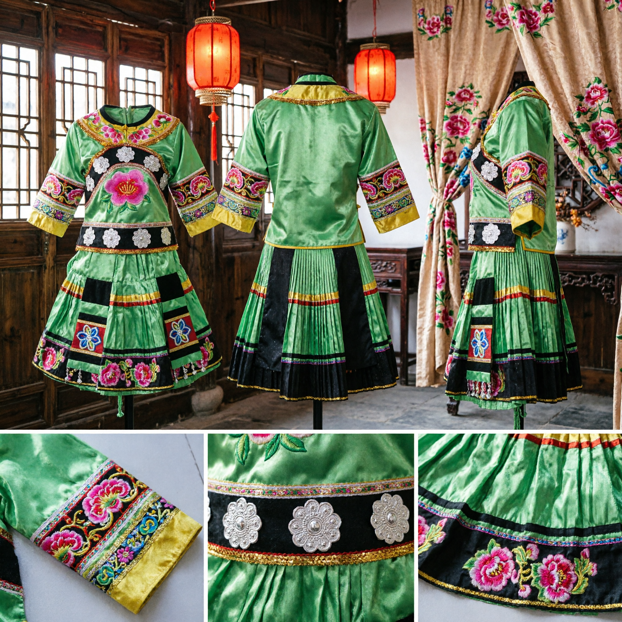 Traditional Chinese Miao Ethnic Minority Green Embroidery Two-Piece Set Kids Folk Dance Performance Costume - Asian Costume