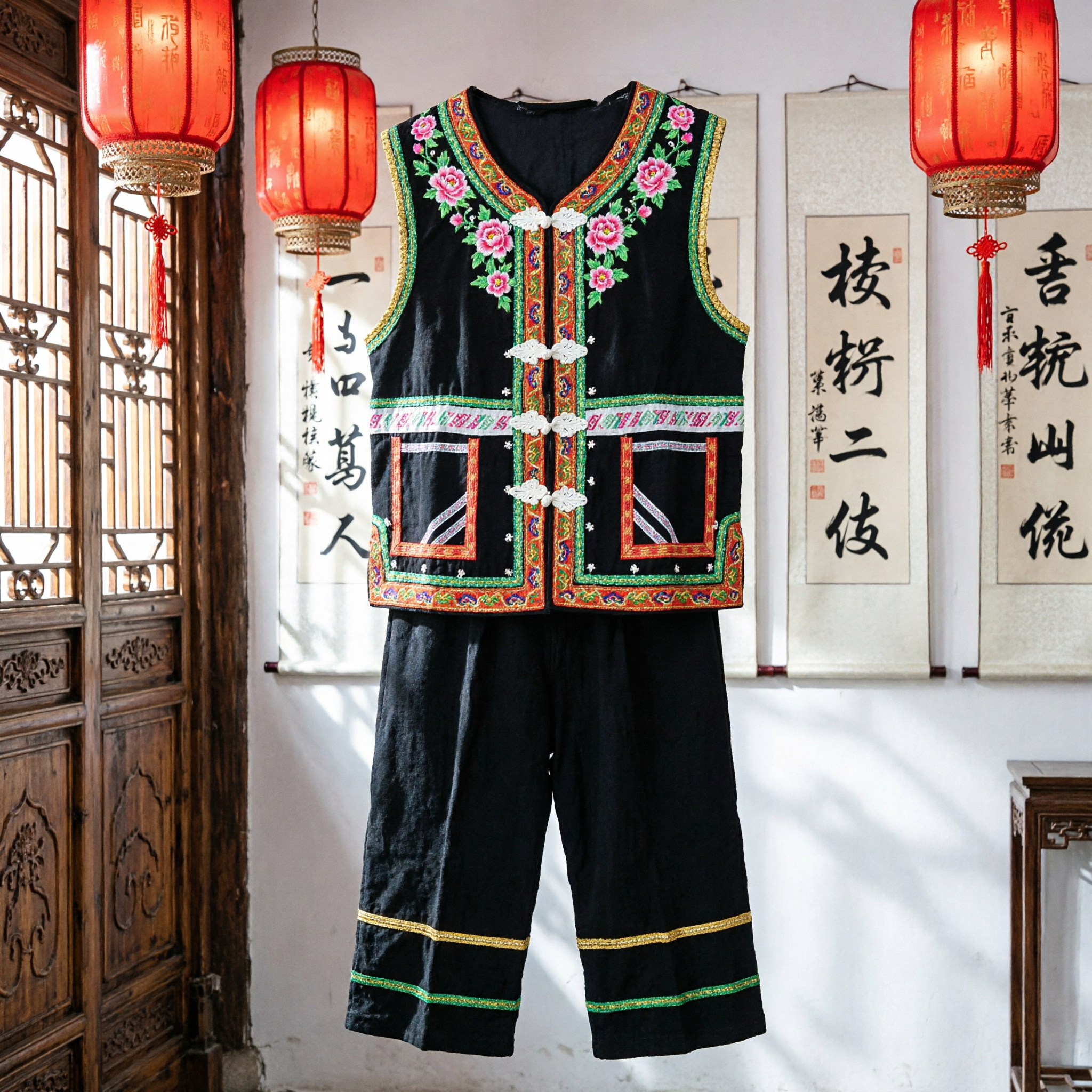 Traditional Chinese Yi Ethnic Minority Black Embroidered Vest and Pants Costume for Folk Dance Stage Performance - Asian Costume