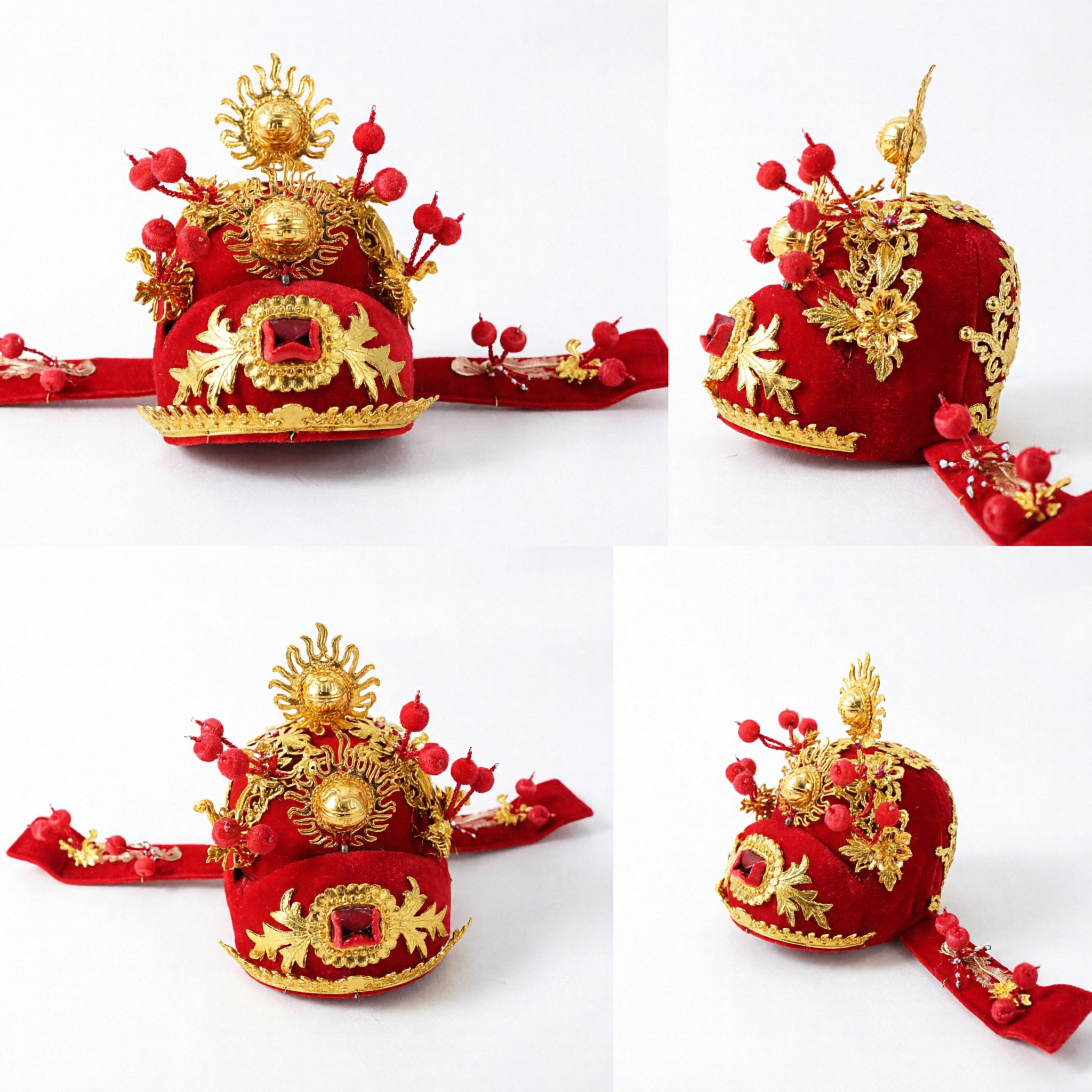 Traditional Chinese Red Opera Hat Gold Embroidery Scholar Headpiece for Wedding Festival Costume Performance - Asian Costume