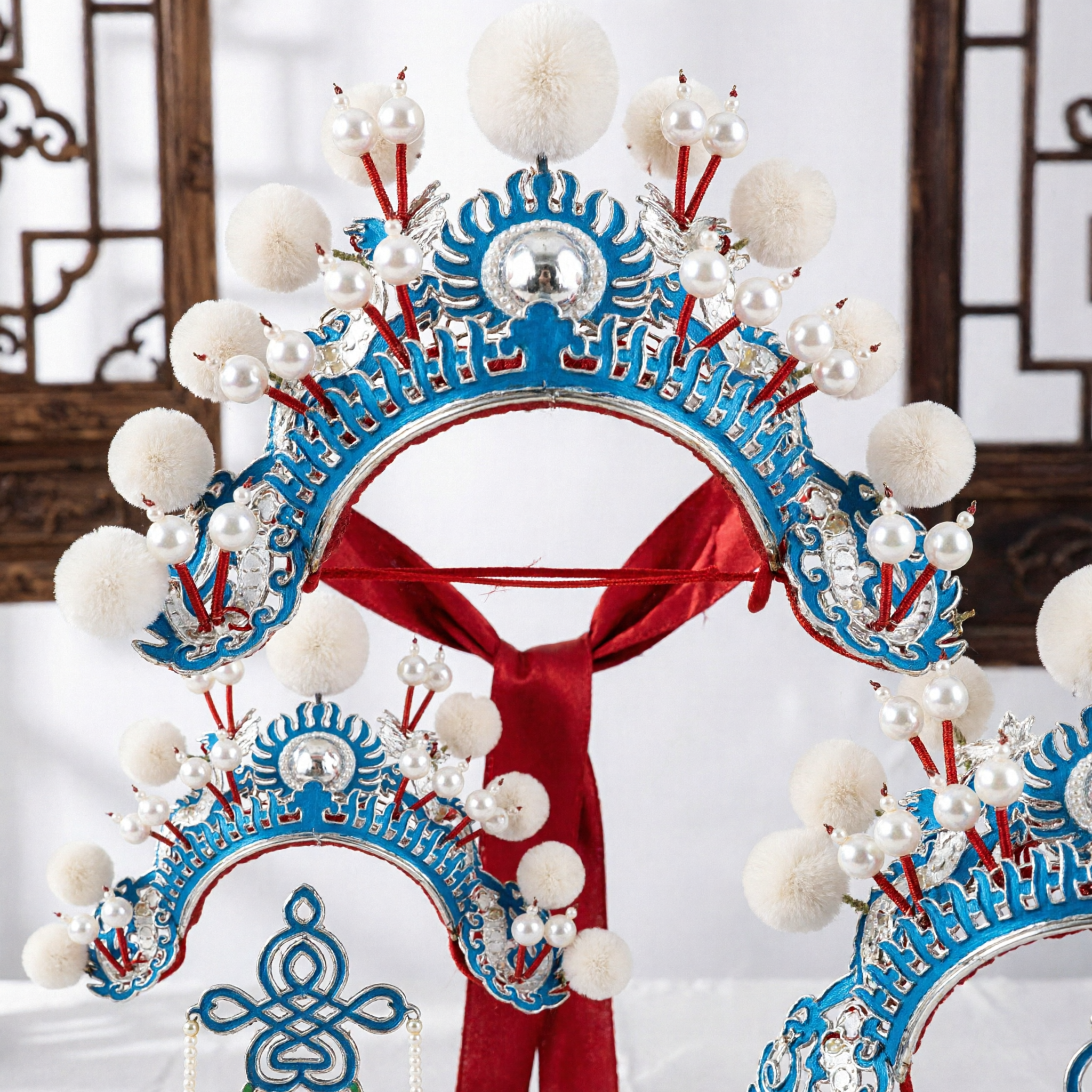 Traditional Chinese Opera Blue Phoenix Crown Headdress with White Pom Poms and Pearls for Hanfu Wedding Stage Performance - Asian Costume