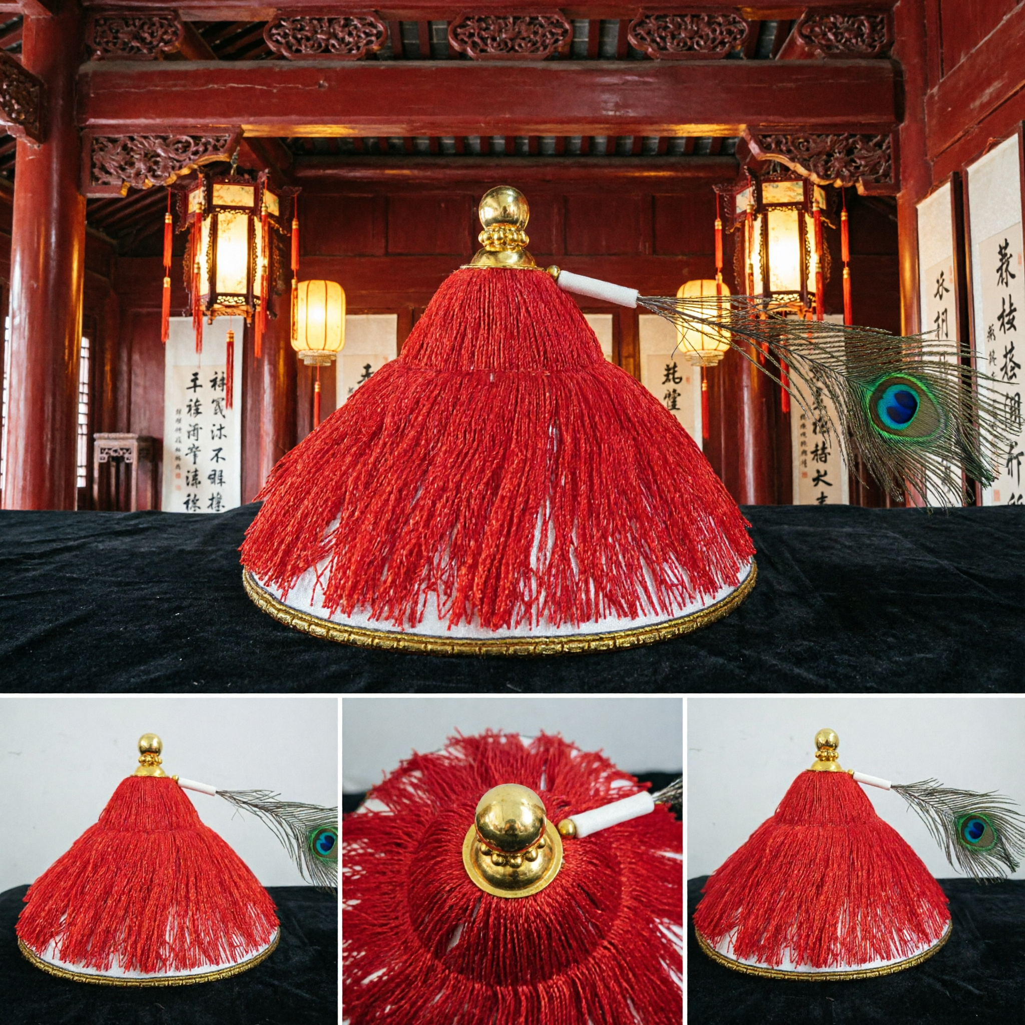 Traditional Chinese Qing Dynasty Official Hat Red Tassel Peacock Feather Mandarin Cap for Men Historical Costume - Asian Costume