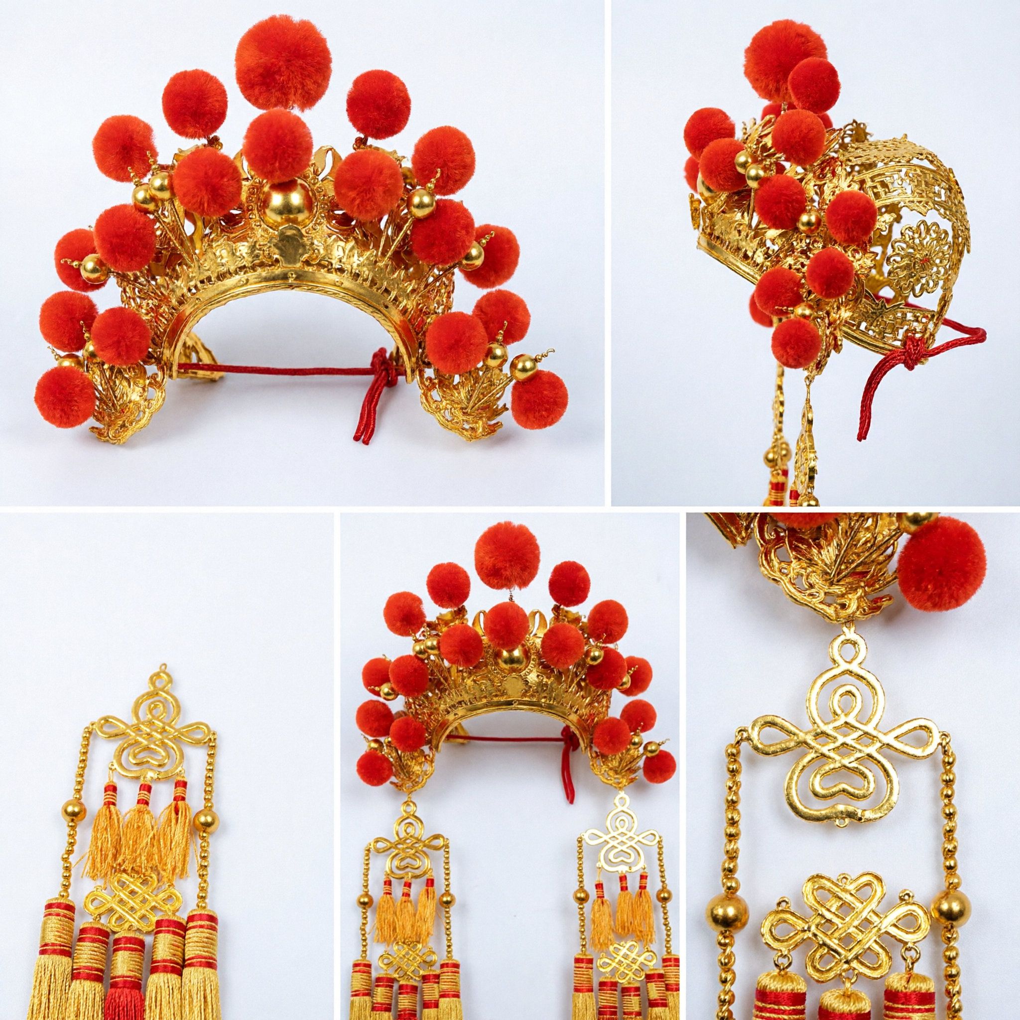 Traditional Chinese Phoenix Crown Headdress with Red Pom Poms and Gold Tassels for Wedding Opera Costume - Asian Costume