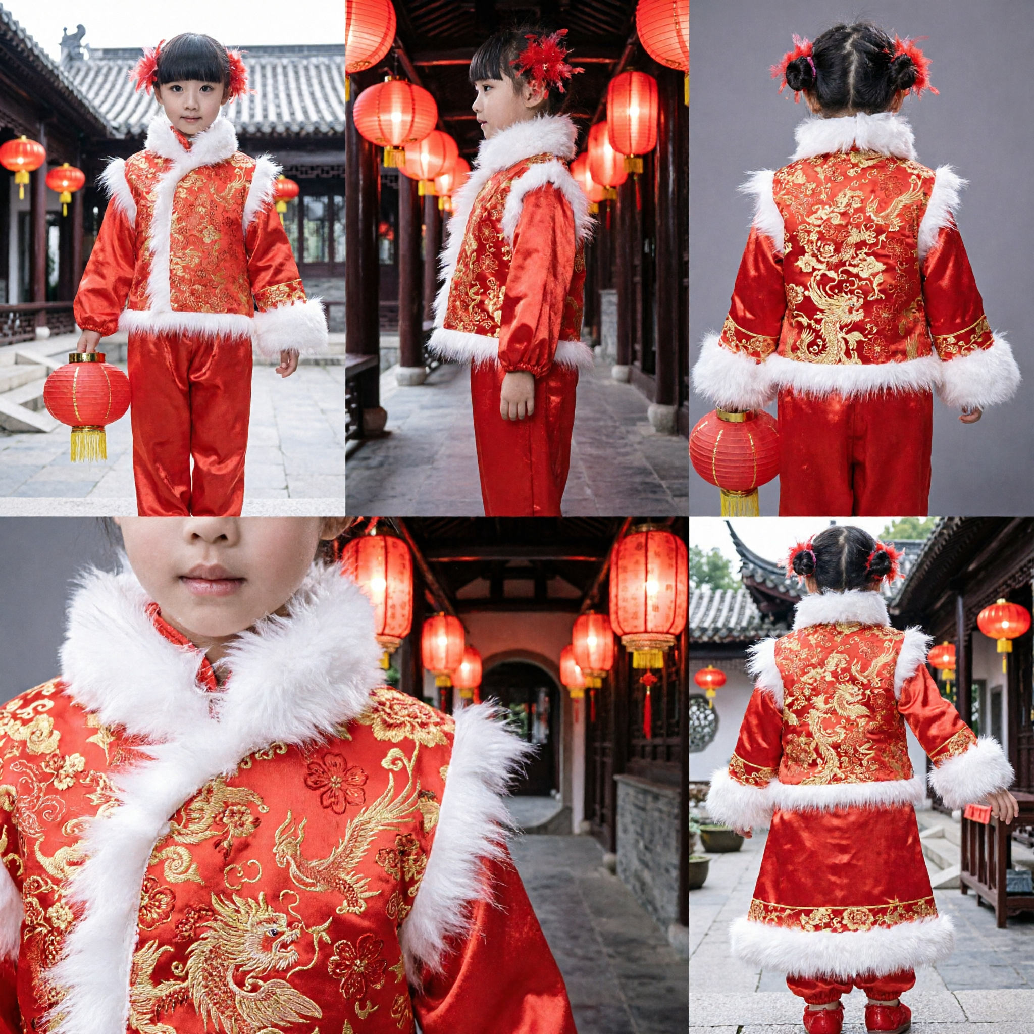 Kids Girls Red Traditional Chinese Tang Suit Costume with White Fur Trim for Lunar New Year Festival - Asian Costume