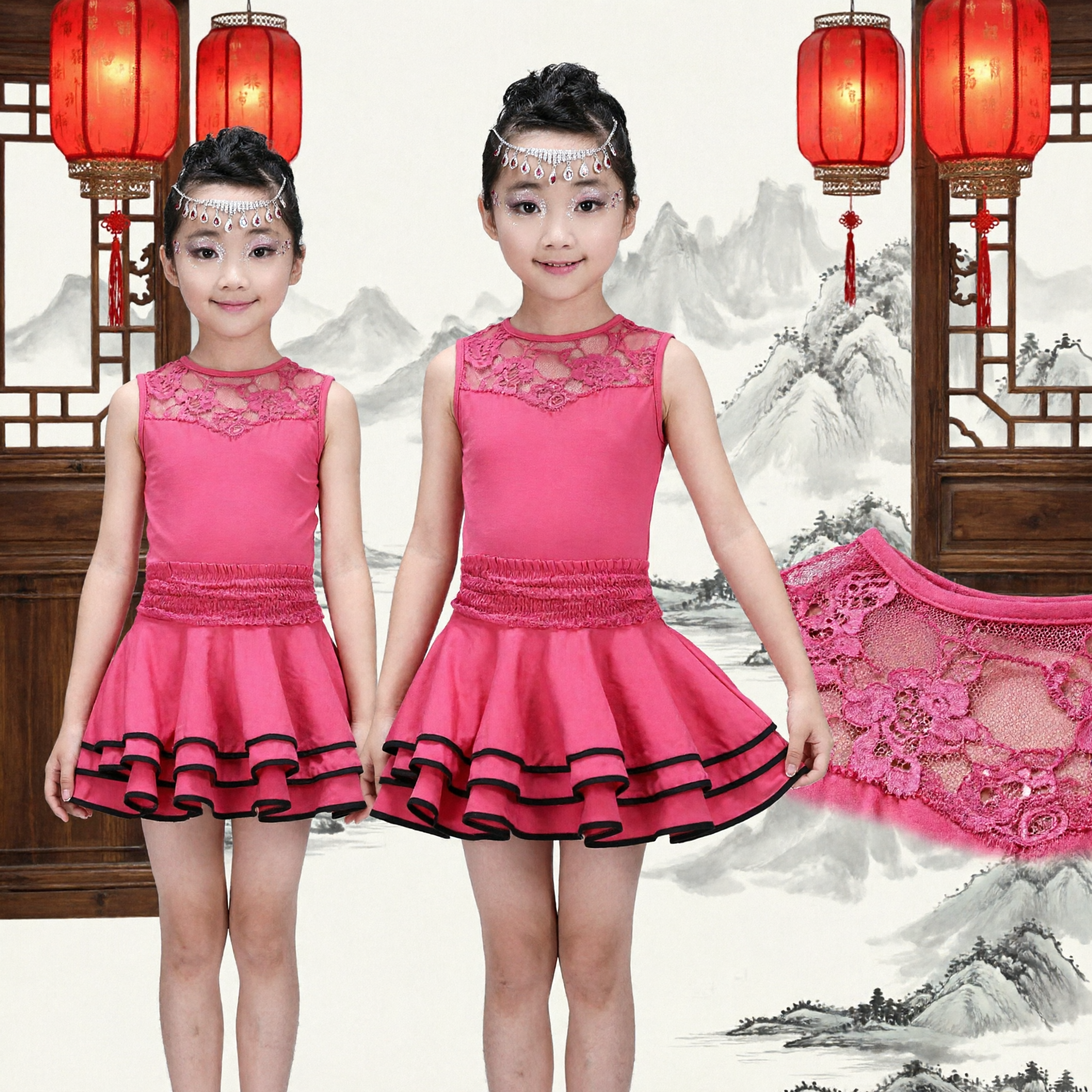 Kids Girls Pink Latin Dance Dress Sleeveless Ruffle Skirt Stage Performance Ballroom Costume - Asian Costume