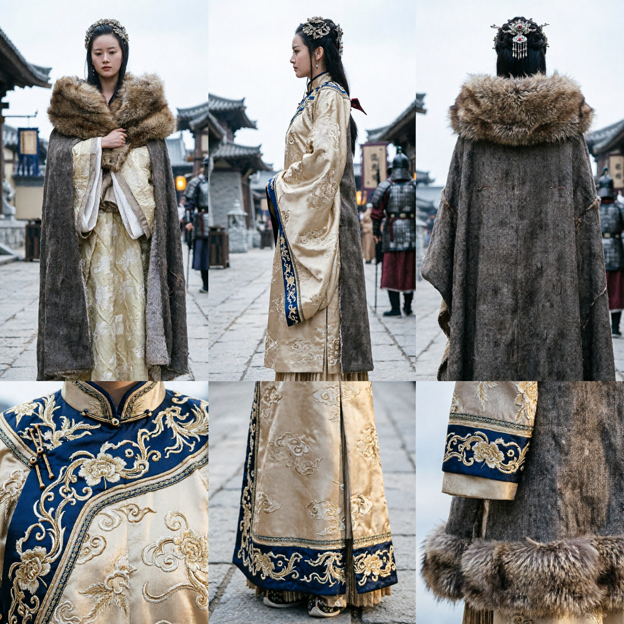 Women's Ancient Chinese Golden Embroidered Hanfu Dress with Winter Fur Cloak Traditional Period Drama Cosplay Costume - Asian Costume