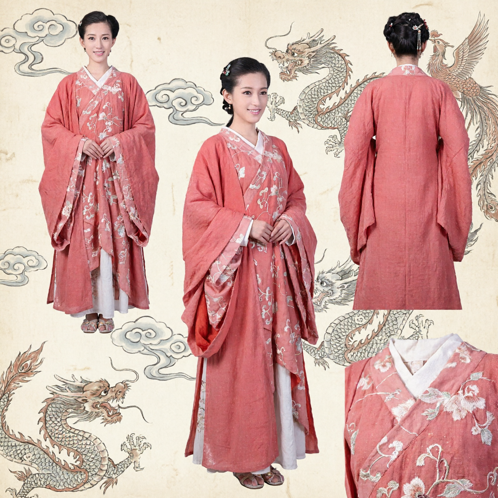 Elegant Red Chinese Hanfu Traditional Ancient Costume Women's Han Dynasty Floral Robe Dress for Performance - Asian Costume