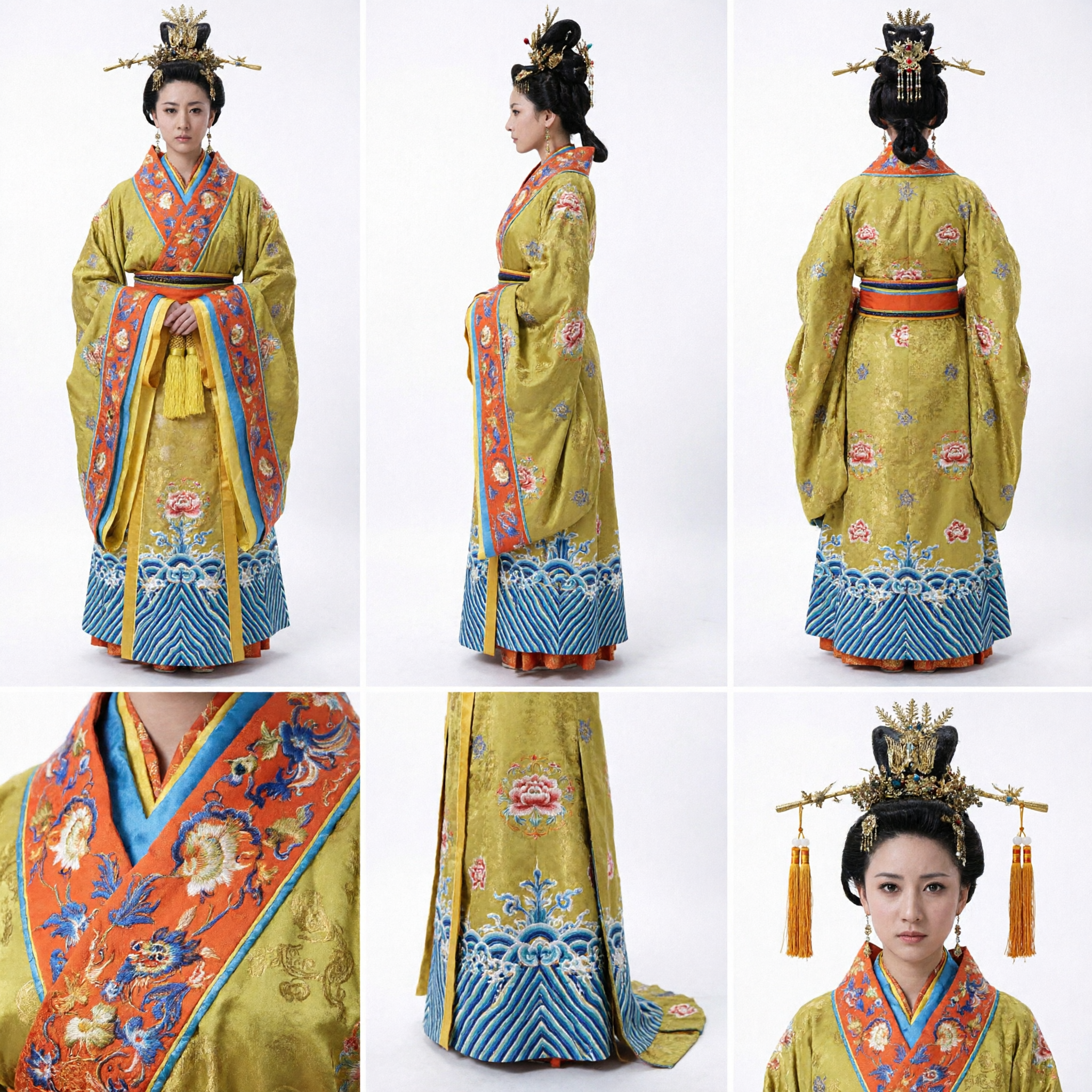 Traditional Chinese Empress Hanfu Costume Set Ancient Yellow Embroidered Robe and Golden Headdress for Women Cosplay - Asian Costume