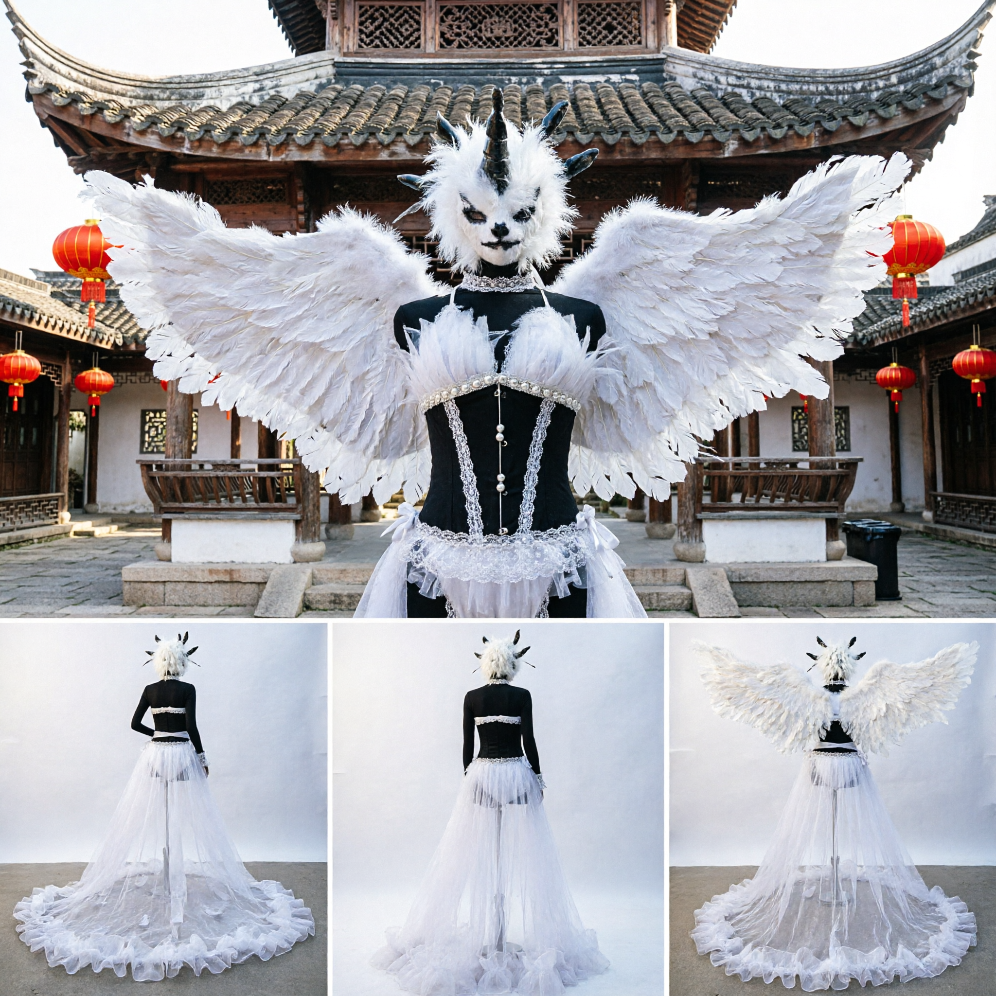 Women's White Swan Stage Costume with Black Corset Bodice and Long Ruffled Train for Dance Performance - Asian Costume