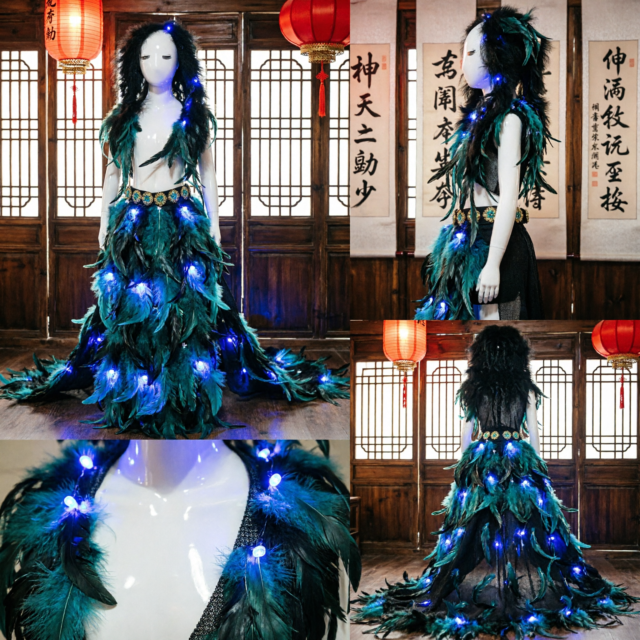 Traditional Dai Peacock Dance Costume with LED Lights and Black Green Feathers for Stage Performance - Asian Costume