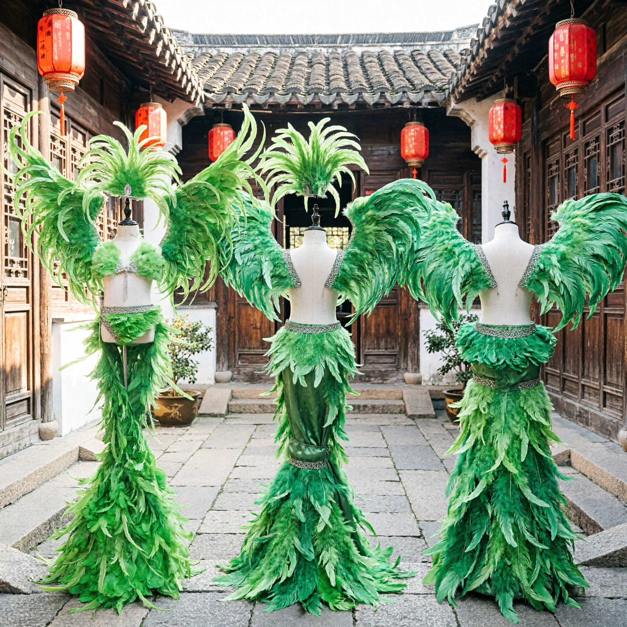 Vibrant Green Samba Carnival Costume Set with Feather Wings Headdress for Women Stage Dance Performance - Asian Costume