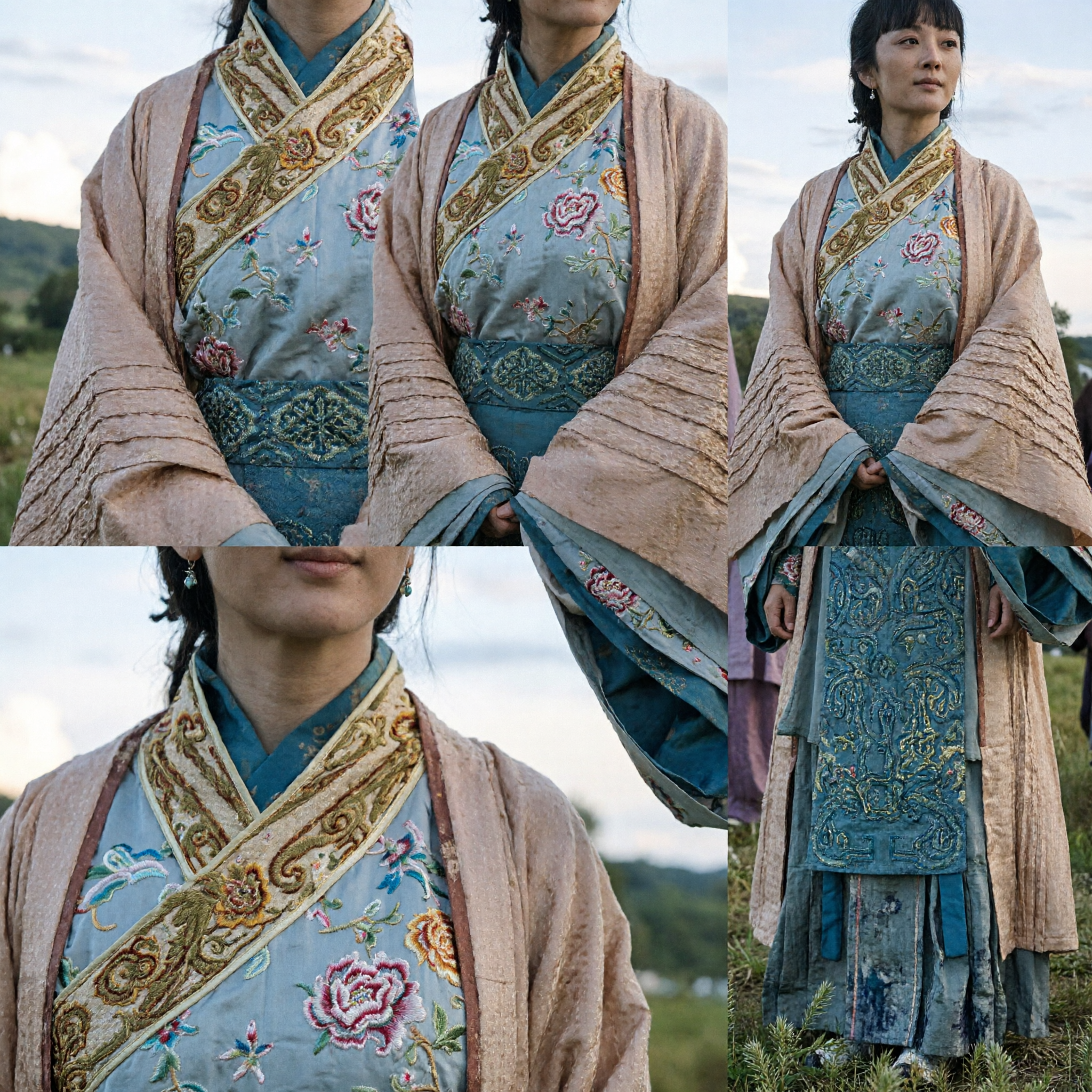 Women's Traditional Chinese Hanfu Ancient Costume Embroidered Beige Robe and Teal Skirt Set for Historical Drama Cosplay - Asian Costume
