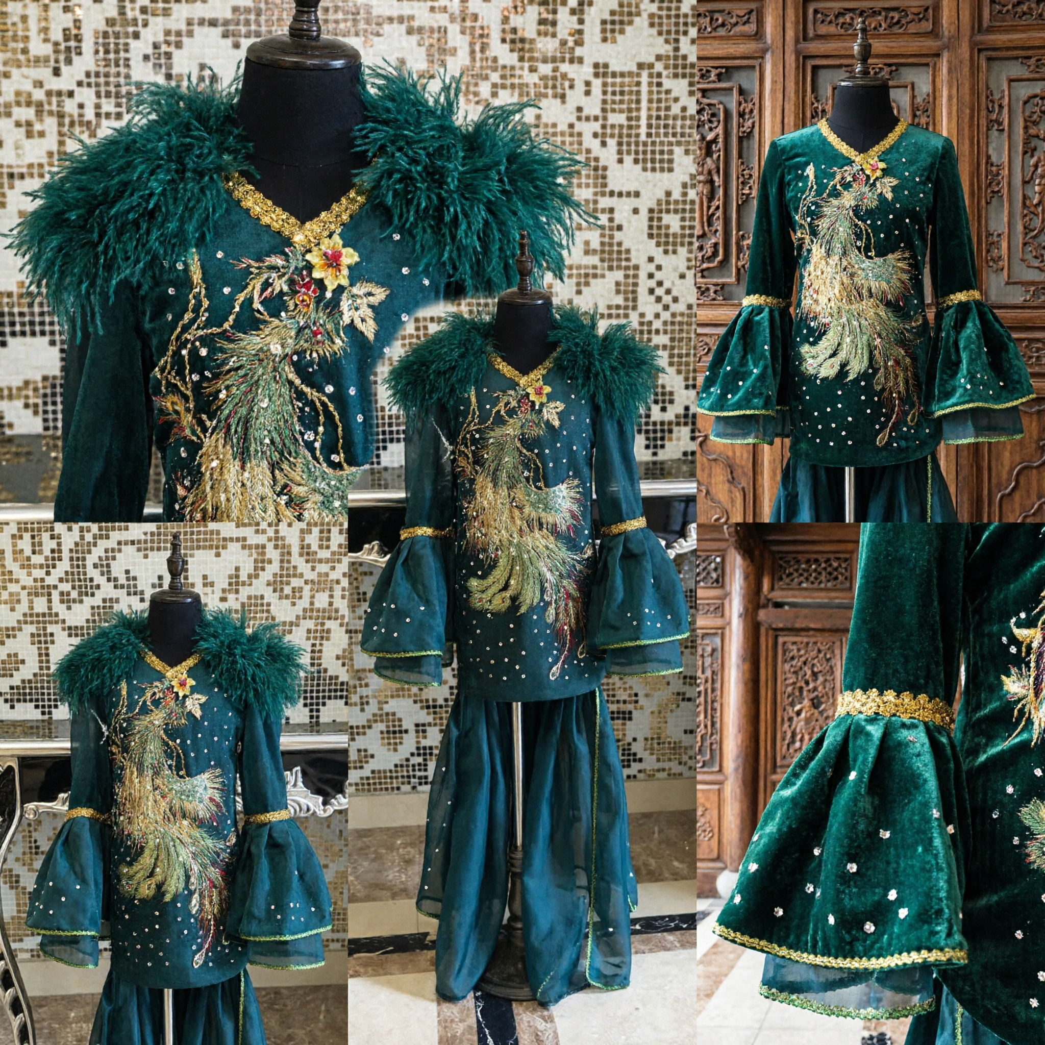 Traditional Chinese Stage Costume Green Velvet Dress with Feathers and Phoenix Embroidery for Women Dance Performance - Asian Costume