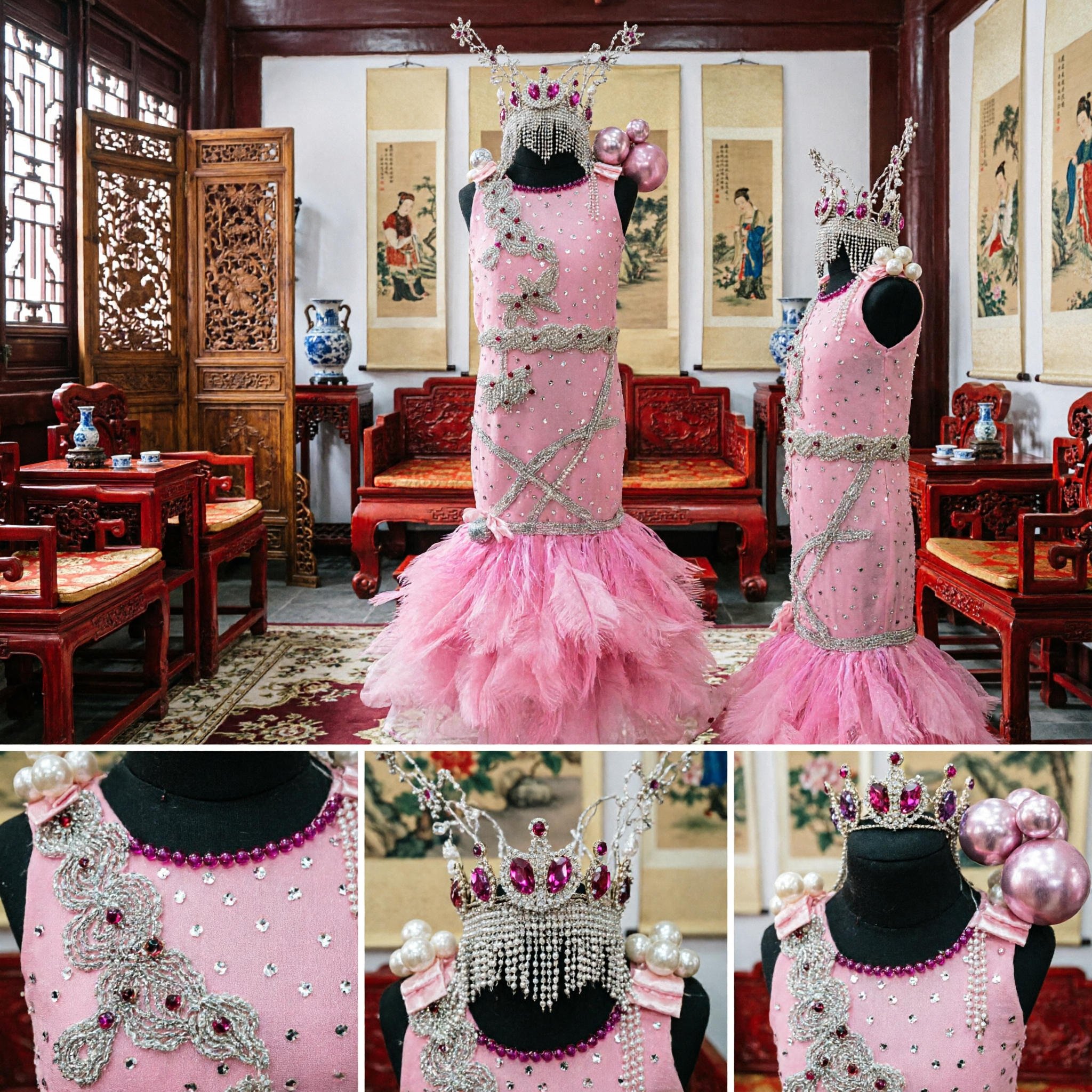 Pink Rhinestone Feather Mermaid Dress Chinese Traditional Dance Performance Costume for Women Stage Show - Asian Costume