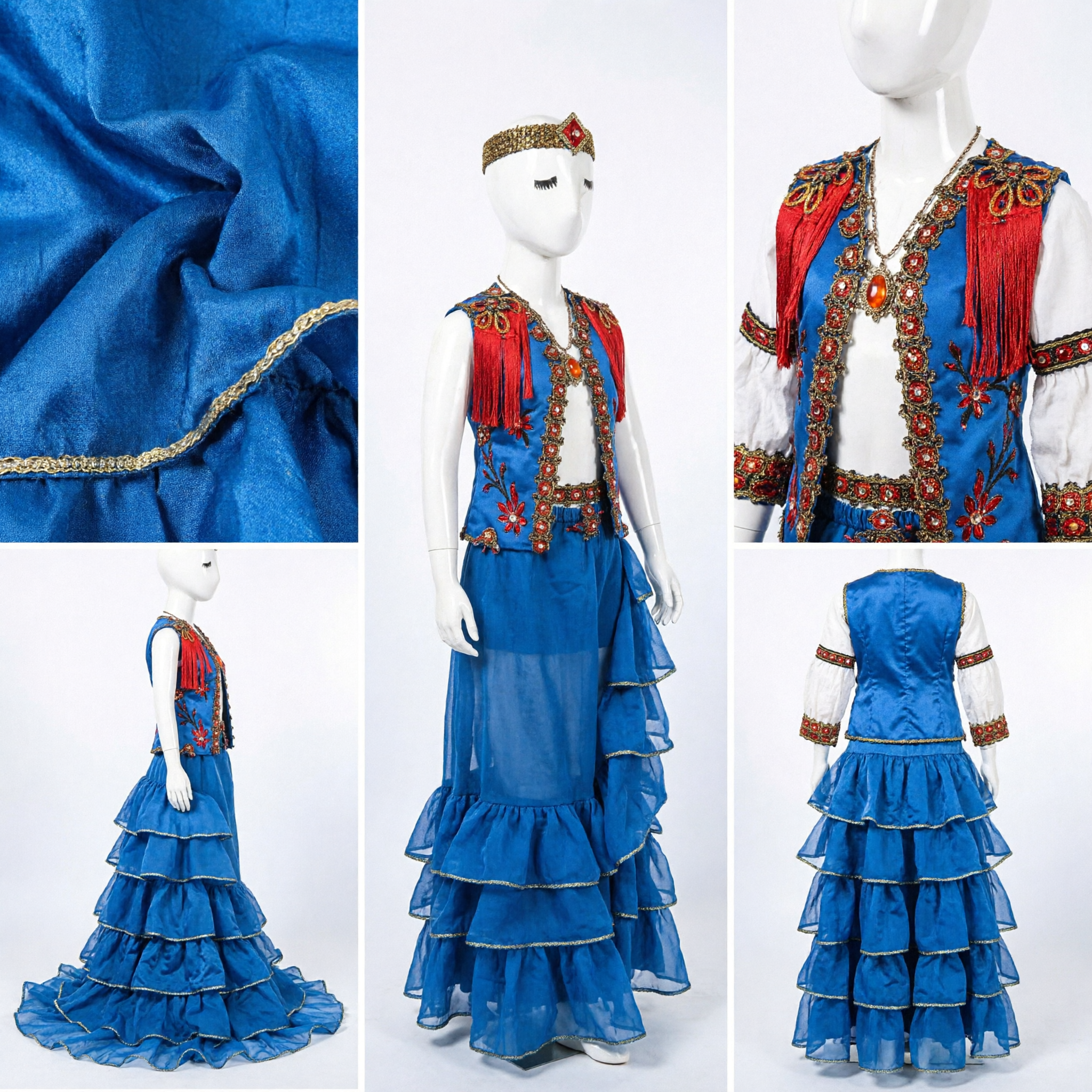Traditional Folk Dance Costume for Women Blue Tiered Skirt Red Embroidered Vest and Headpiece Stage Performance Outfit - Asian Costume