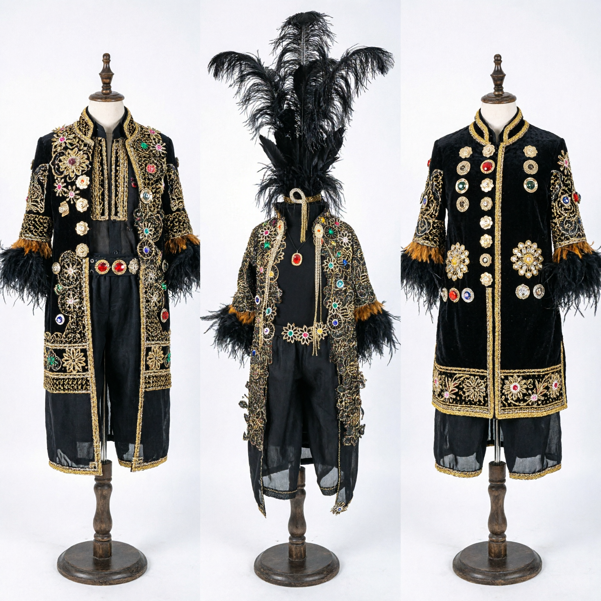 Men's Black Feather Headdress and Gold Embroidered Sequin Jacket Stage Performance Costume for Carnival Shows - Asian Costume