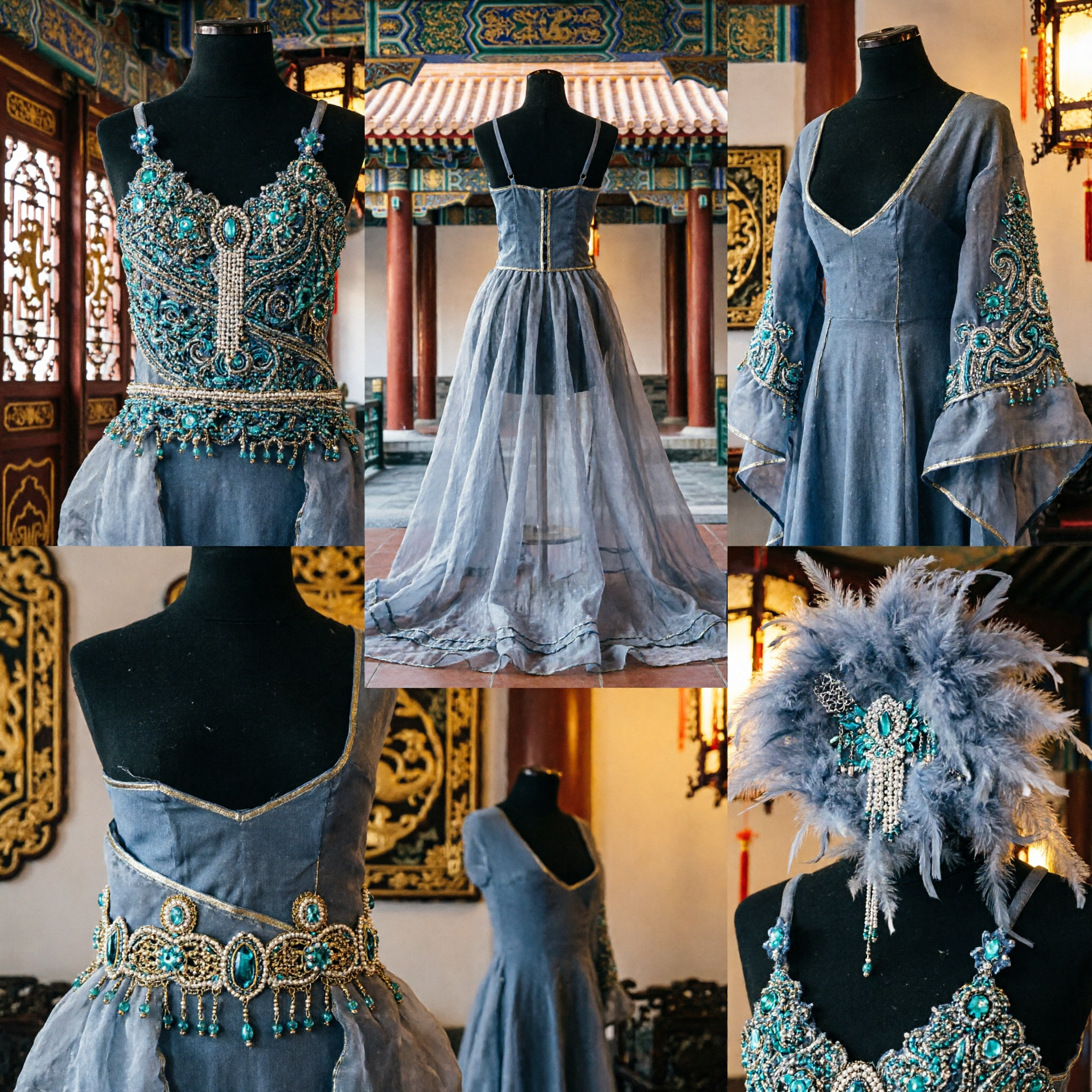 Glamorous Grey Ballroom Dance Costume with Sequined Bodice and Flowing Skirt for Stage Performance - Asian Costume