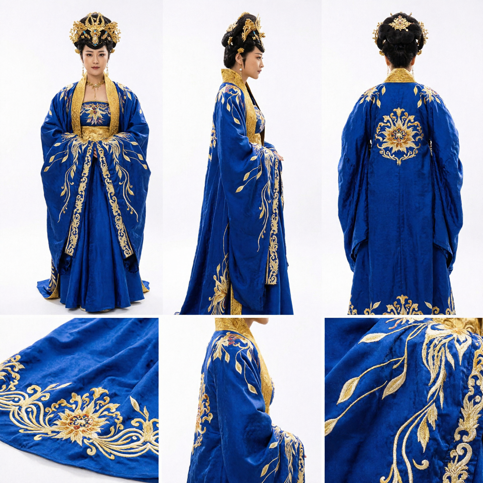 Ancient Chinese Royal Blue Hanfu Costume Gold Embroidered Court Dress for Women Cosplay Performance - Asian Costume