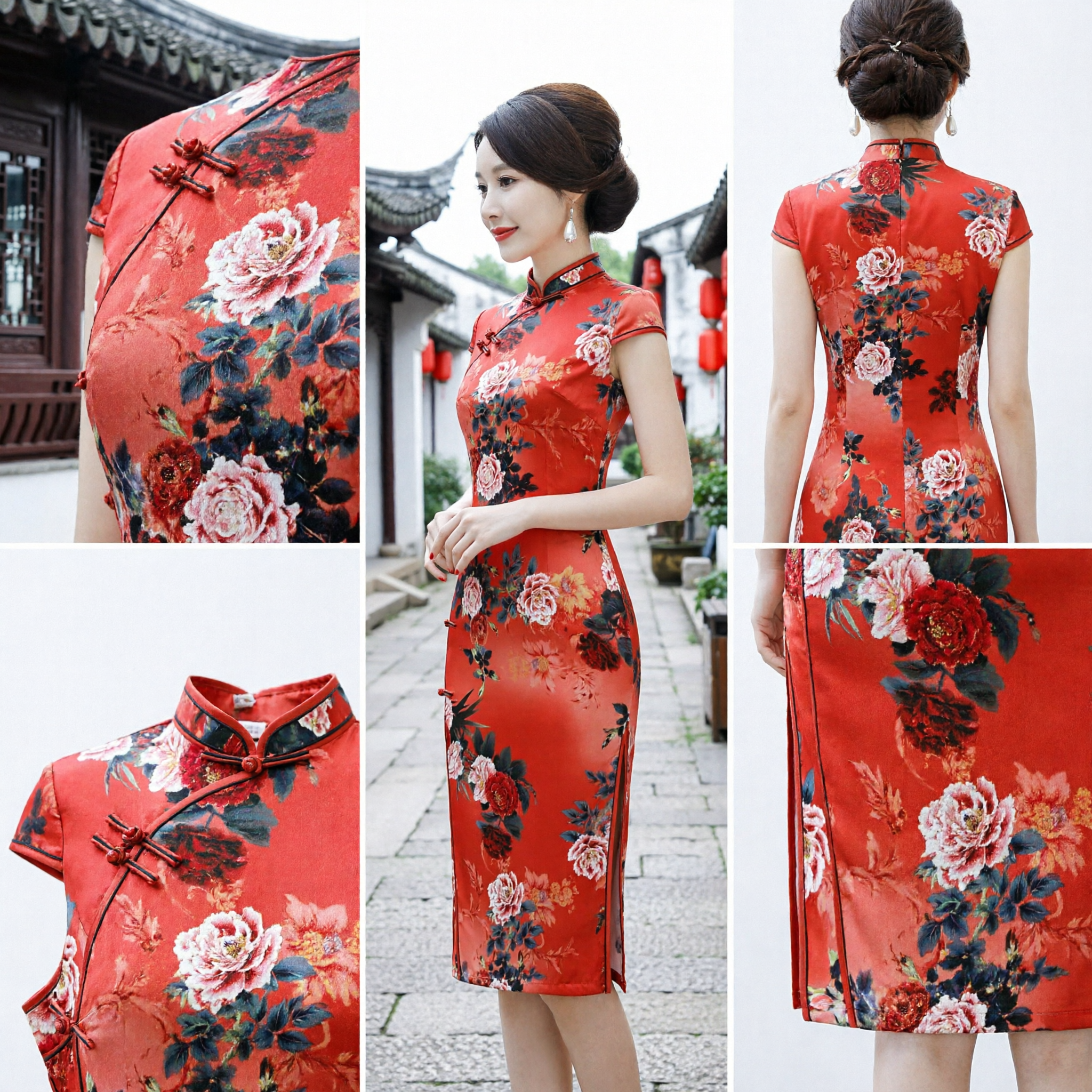 Elegant Red Floral Cheongsam Qipao Dress Traditional Chinese Silk Style Evening Gown for Wedding Party - Asian Costume