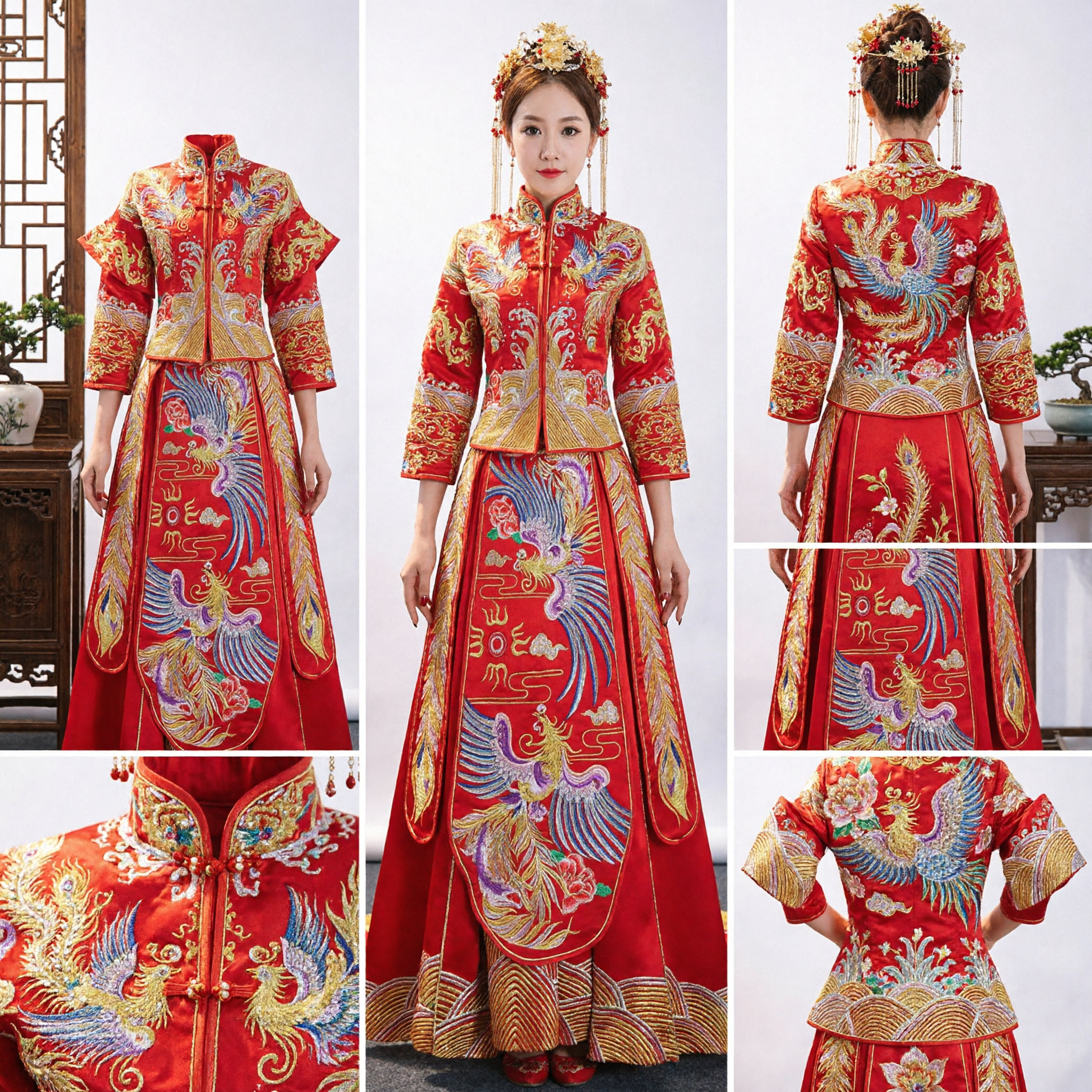 Exquisite Traditional Chinese Wedding Dress Red Xiuhe Suit Gold Phoenix Embroidery Bridal Gown for Ceremony - Asian Costume