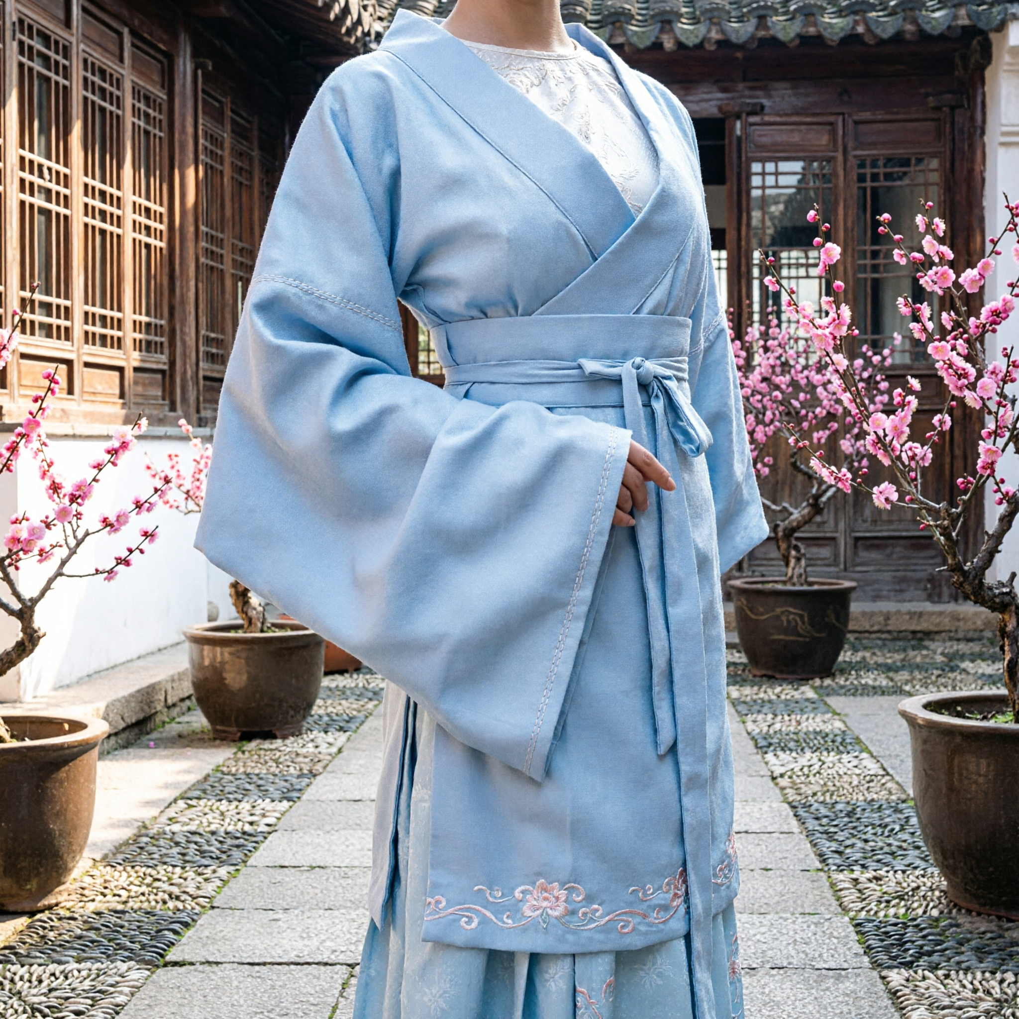 Traditional Chinese Ancient Blue Hanfu Costume Cross Collar Robe Dress for Women Stage Performance - Asian Costume