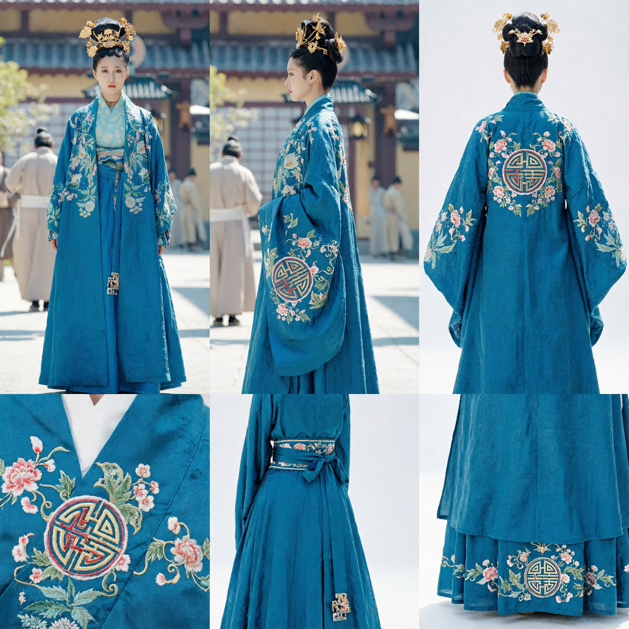 Complete Set Ancient Chinese Tang Dynasty Hanfu Blue Floral Embroidery Dress Traditional Princess Costume for Women - Asian Costume