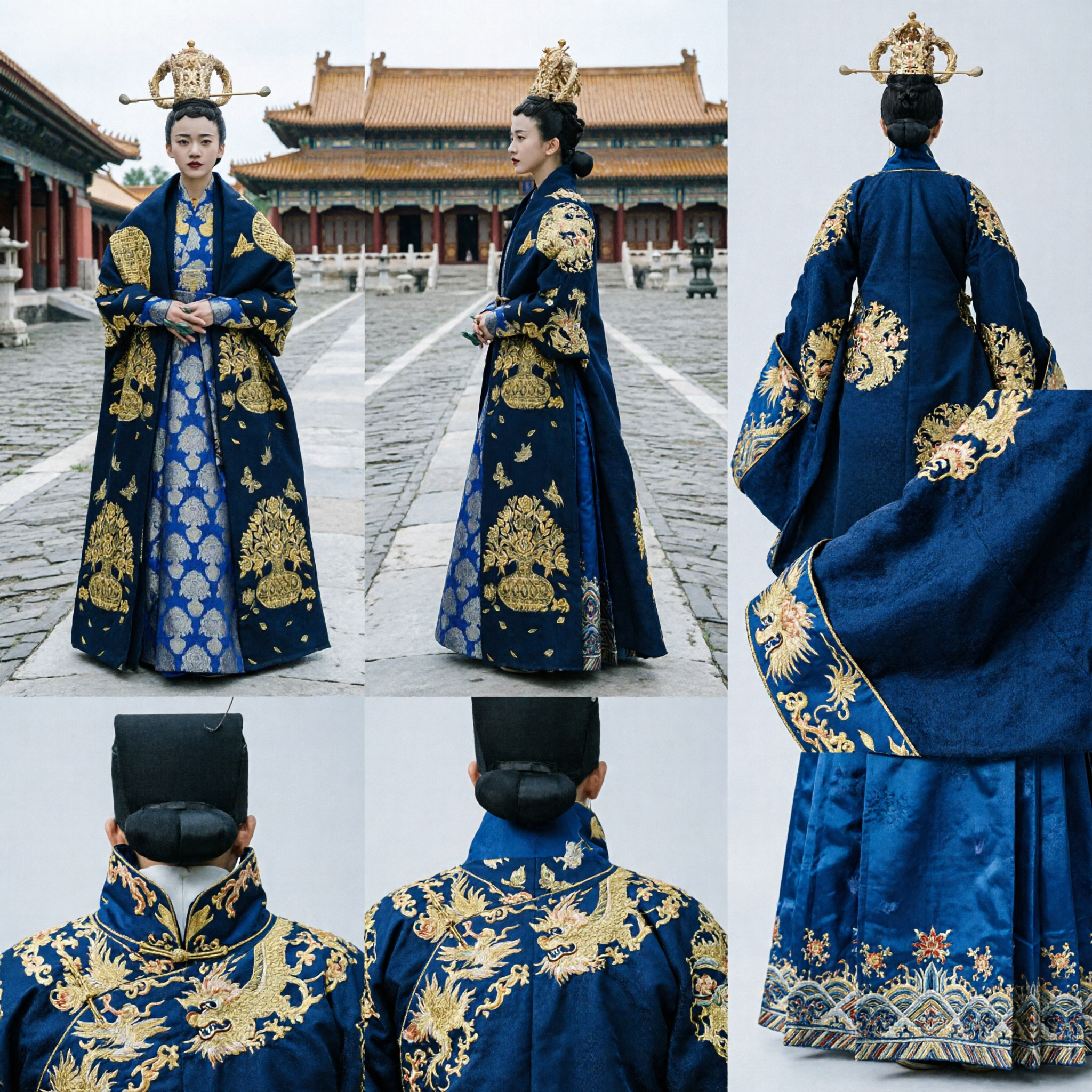 Ancient Chinese Ming Dynasty Empress Costume Blue Gold Phoenix Embroidery Hanfu Dress for Women Cosplay - Asian Costume