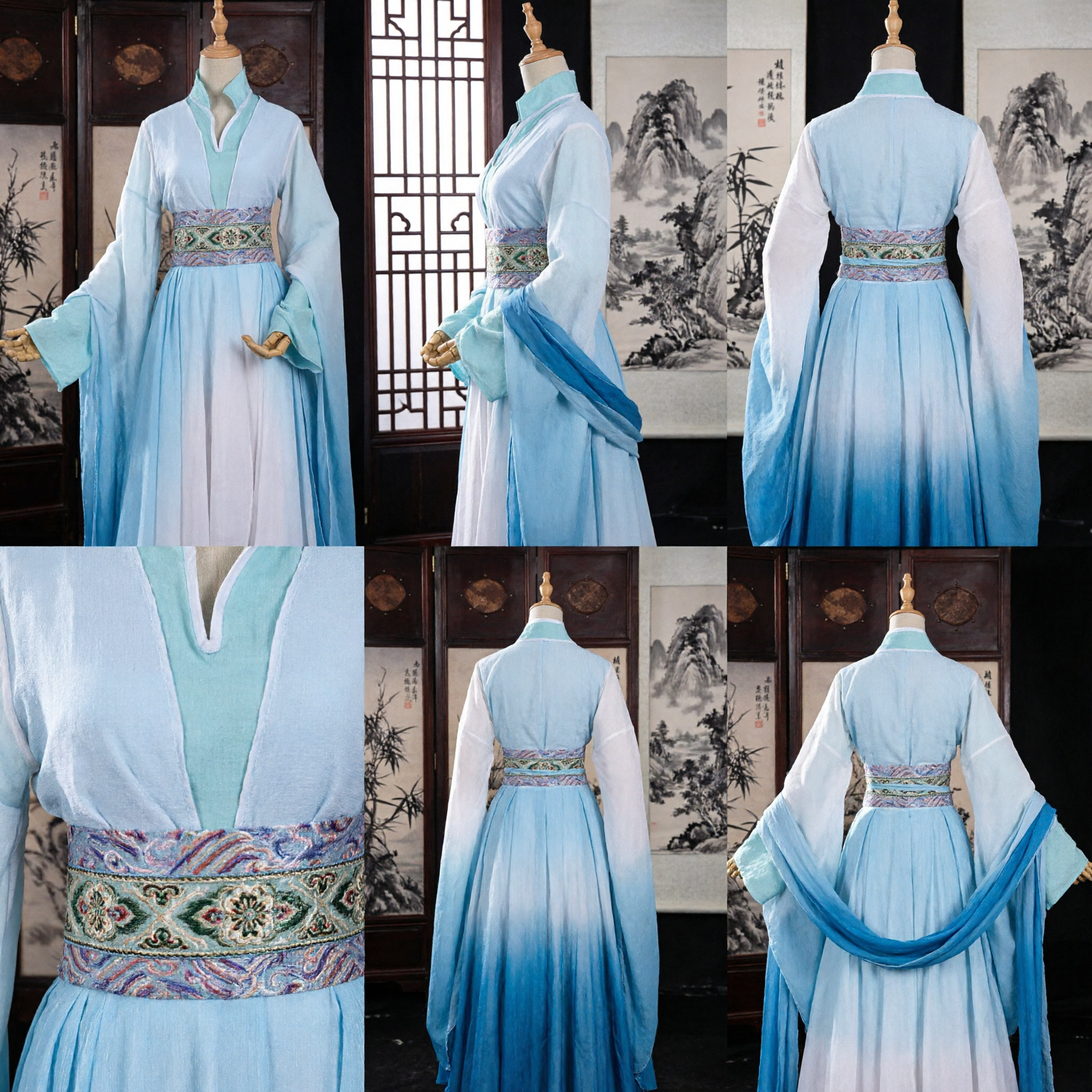 Traditional Chinese Hanfu Costume Ancient Fairy Dress Blue White Gradient Wide Sleeve Robe for Women - Asian Costume