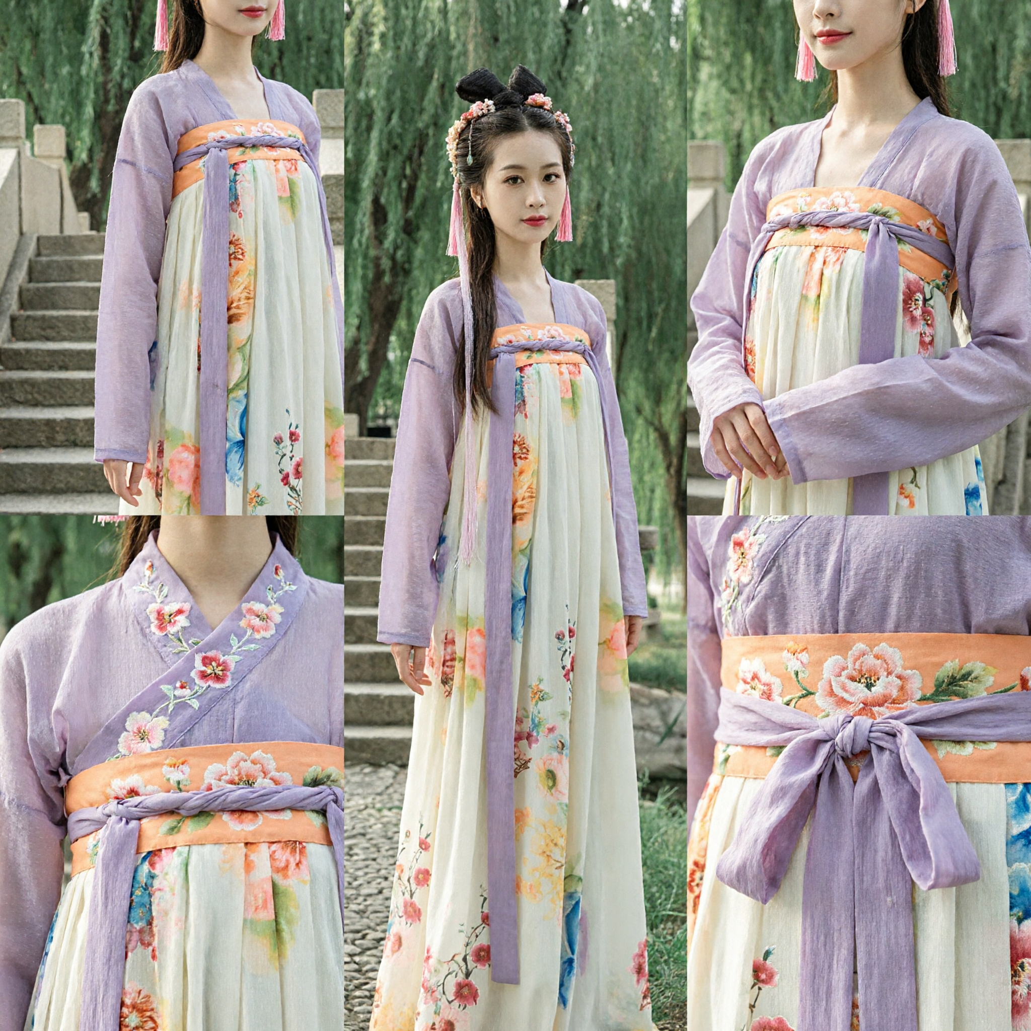 Elegant Tang Dynasty Hanfu Qixiong Ruqun Set with Floral Print Skirt and Purple Sheer Robe for Women - Asian Costume