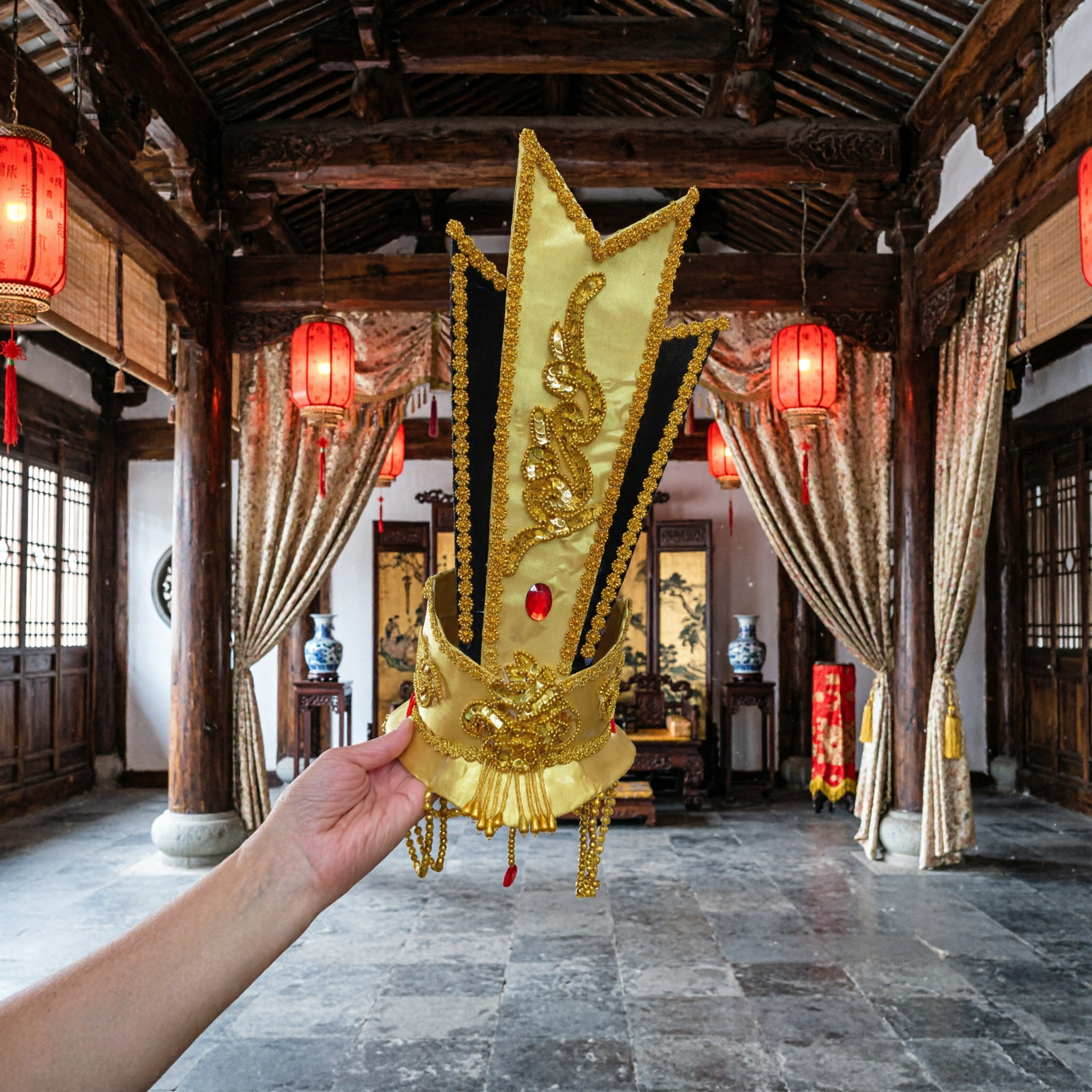 Traditional Chinese Opera Gold Crown Headpiece for Emperor Character Stage Performance and Cultural Show Costume - Asian Costume