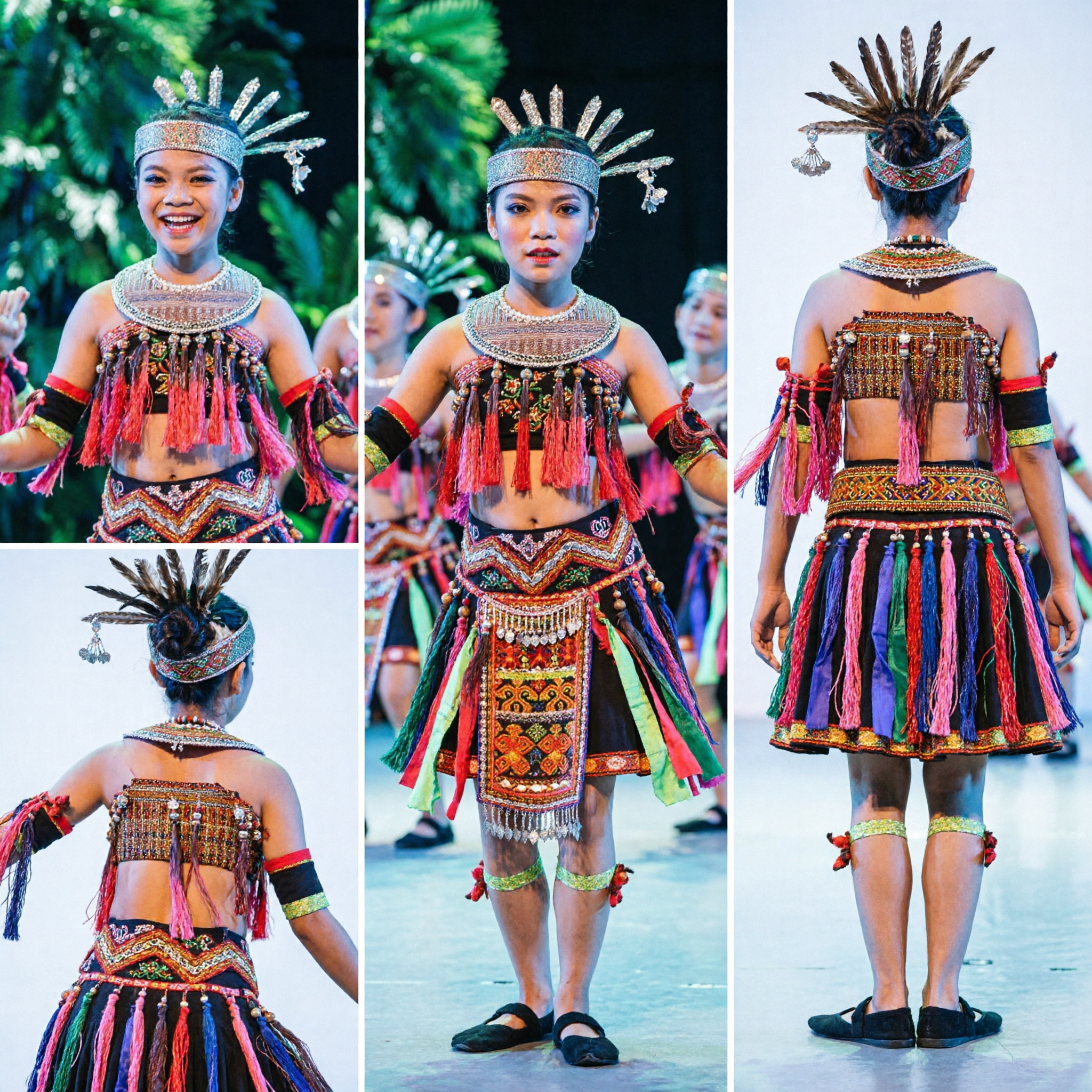 Traditional Chinese Ethnic Minority Dance Costume Complete Set for Women Stage Performance Folk Dress with Silver Headdress - Asian Costume