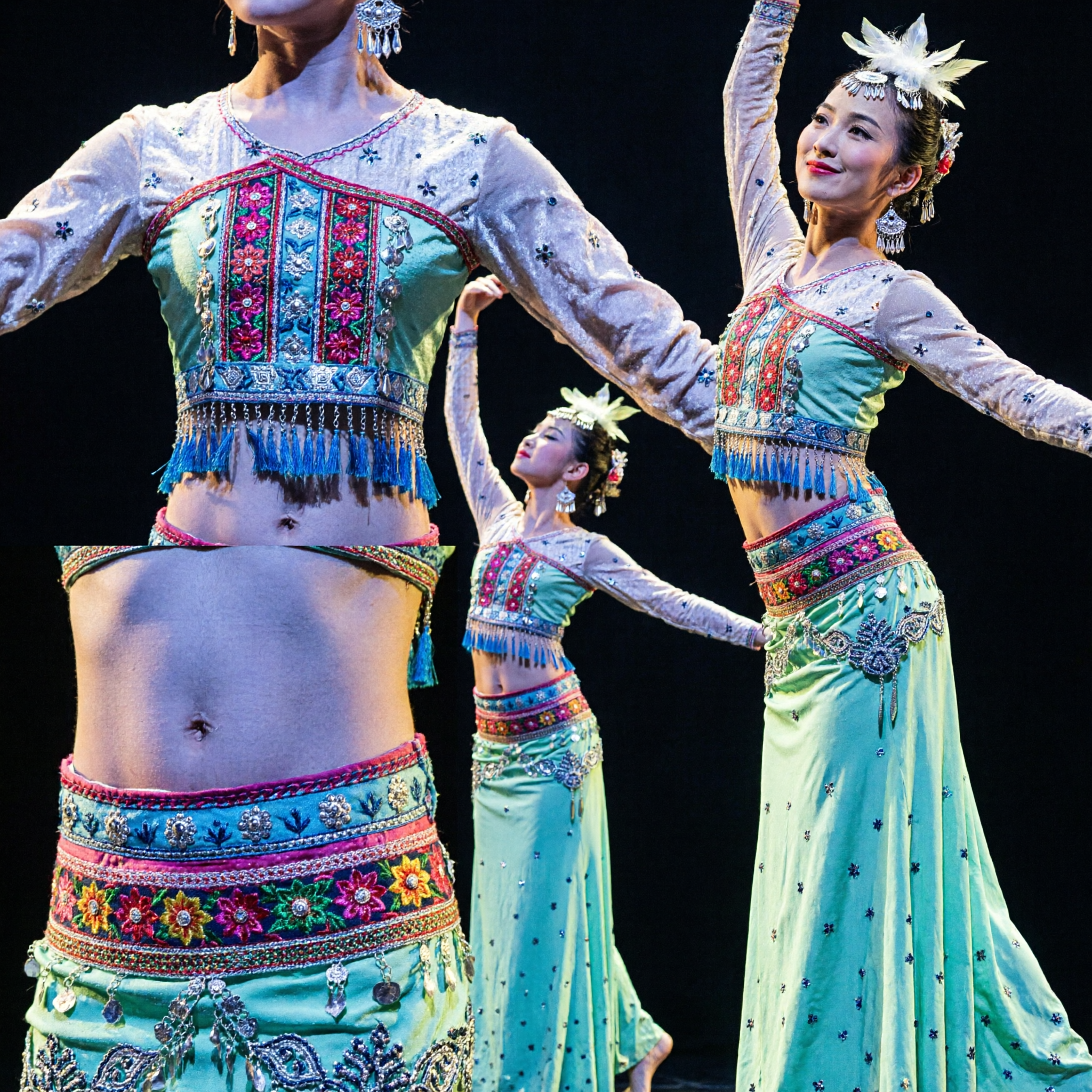 Professional Chinese Folk Dance Costume Women's Green Umbrella Dress Traditional Stage Performance Attire - Asian Costume