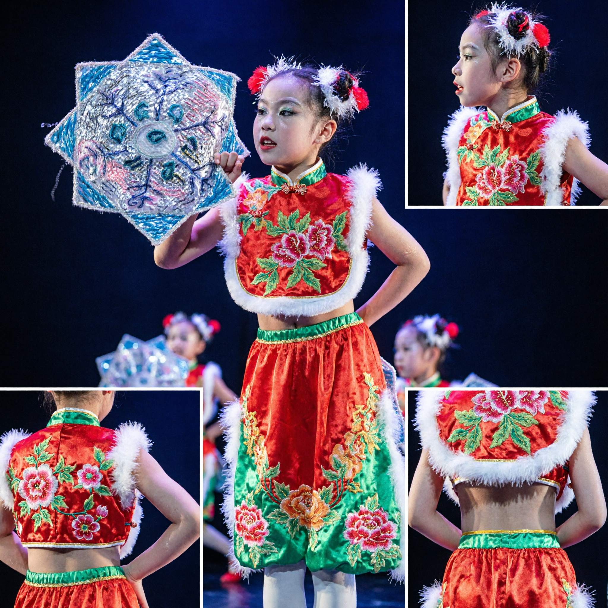 Kids Chinese Traditional Yangge Dance Costume Red Floral Vest and Skirt Set for Girls Stage Performance - Asian Costume