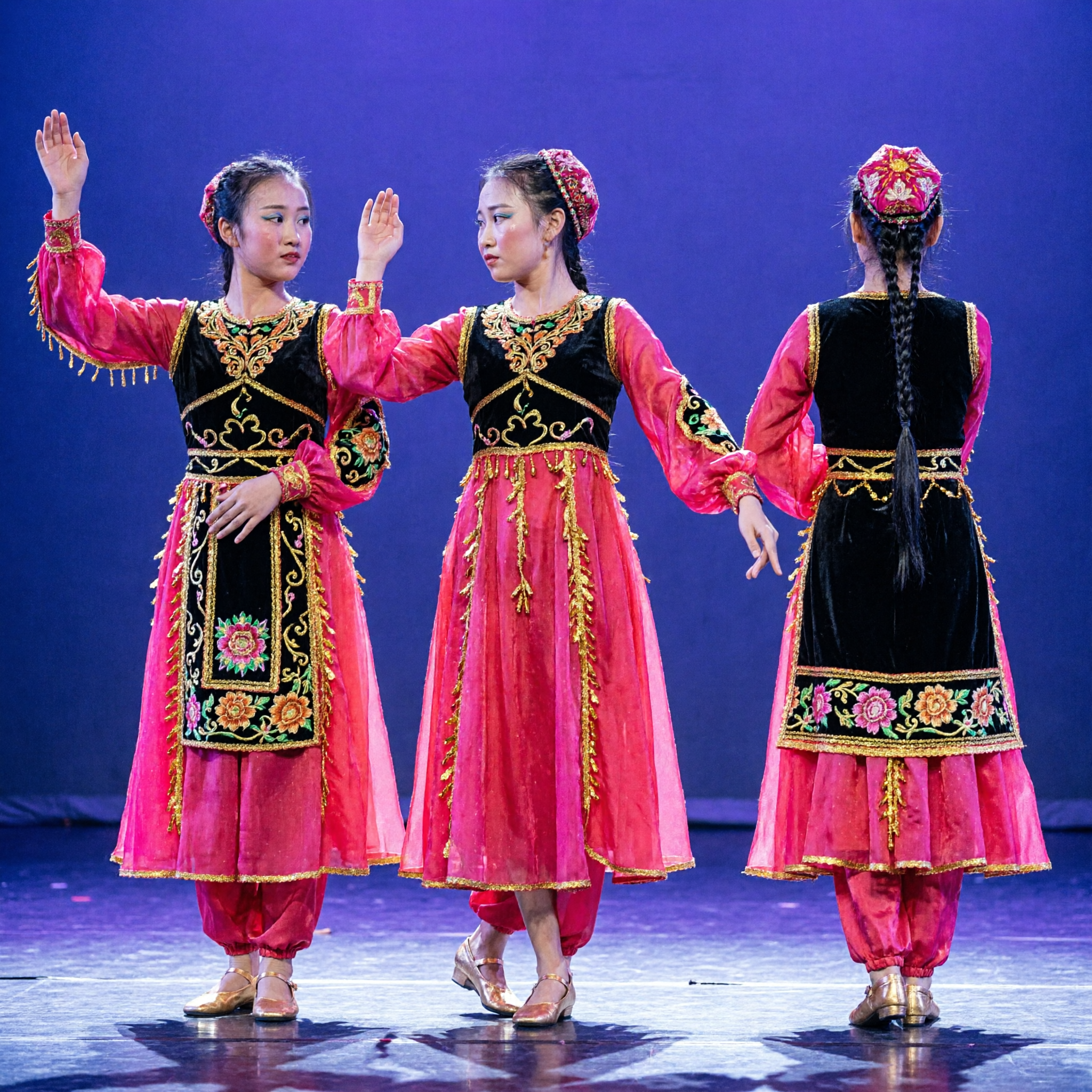 Traditional Chinese Xinjiang Uyghur Dance Costume Pink Skirt and Black Top Folk Dress for Women Stage Performance - Asian Costume