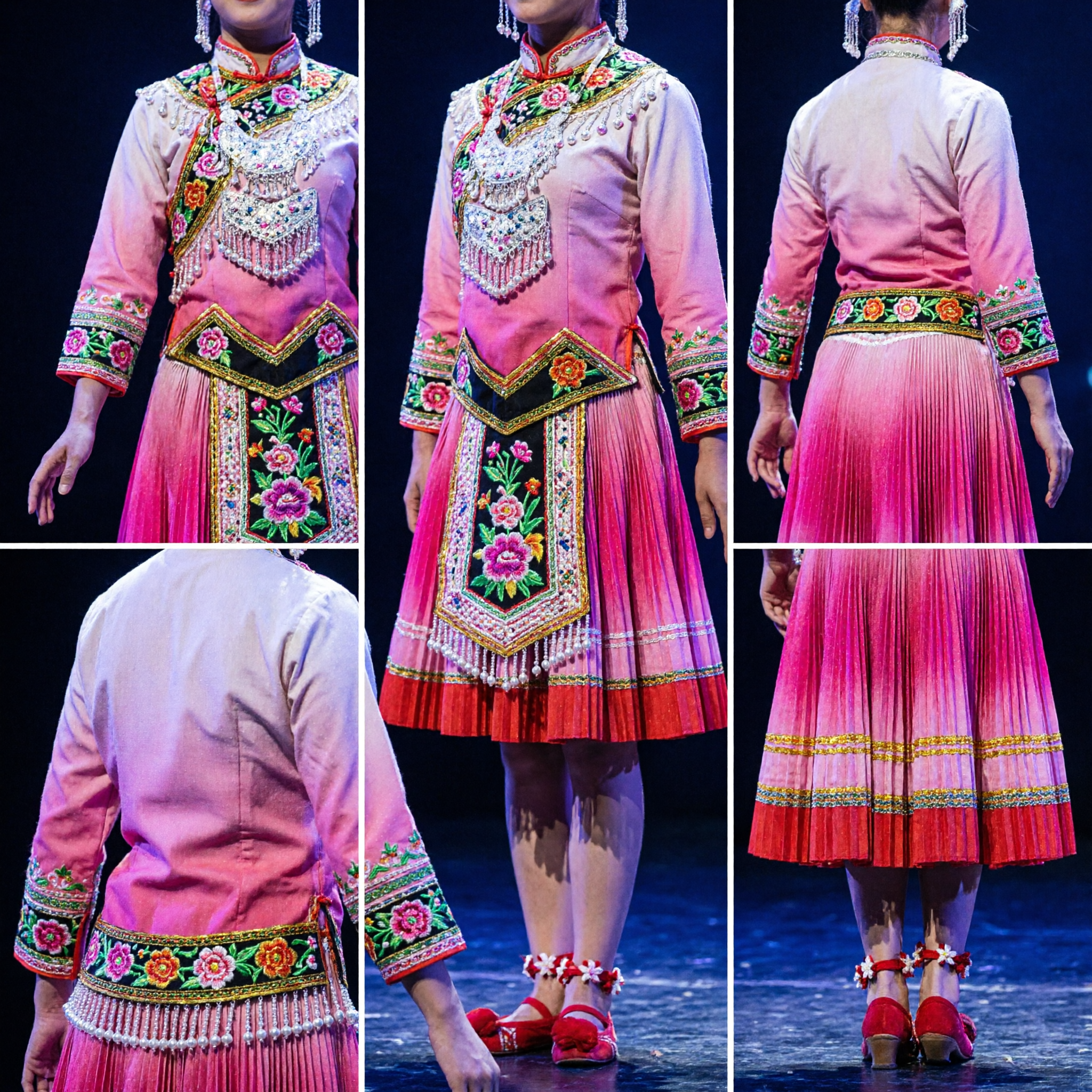 Chinese Traditional Folk Dance Costume for Girls Pink Sequin Stage Performance Dress Kids Group Dancewear - Asian Costume