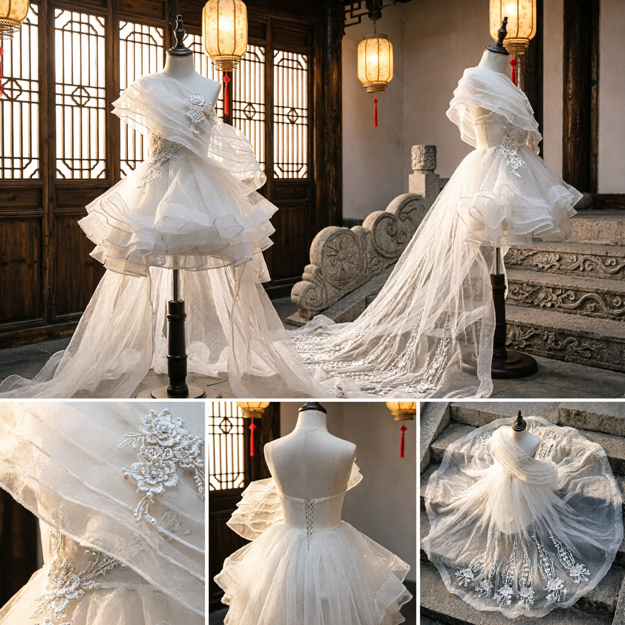 Champagne One-Shoulder Ruffled Tulle Stage Performance Dress with Long Train for Singers and Hosts - Asian Costume