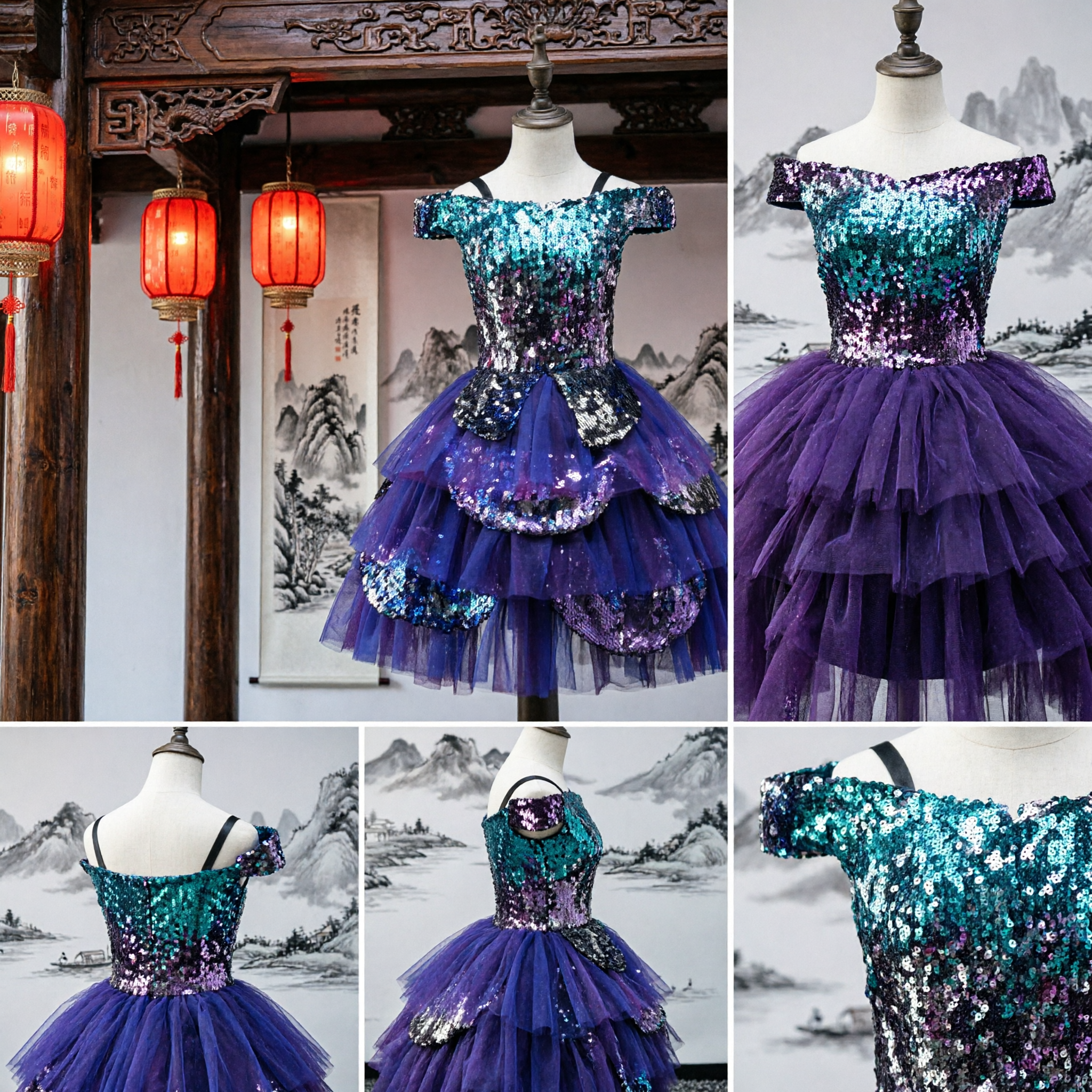 Royal Blue Purple Sequin Ballet Tutu Dress for Girls Stage Dance Performance Costume - Asian Costume
