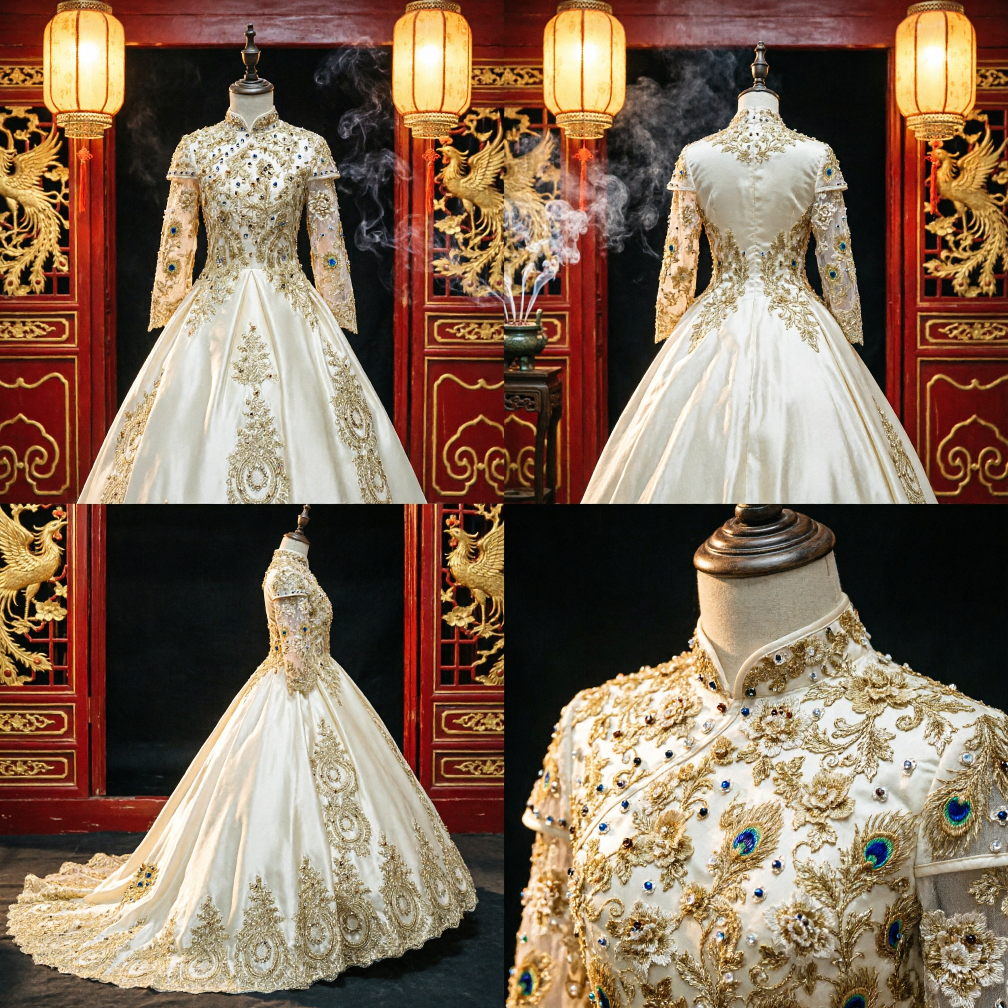 Exquisite Gold Embroidery Chinese Wedding Dress High Neck Ballgown Traditional Fusion Gown for Bride - Asian Costume