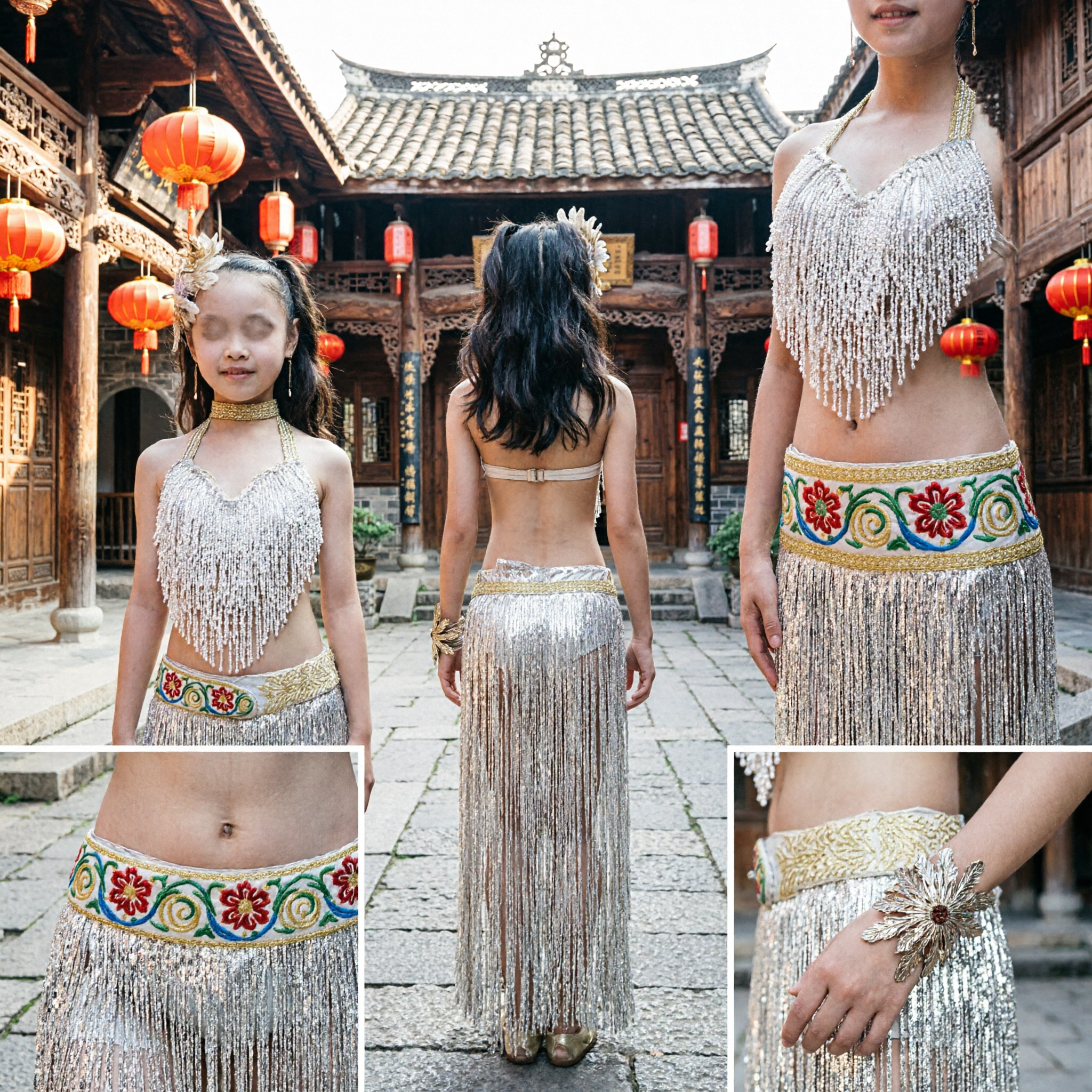 Kids Girls Gold Fringe Latin Dance Costume Stage Performance Dress Belly Dance Competition Outfit - Asian Costume