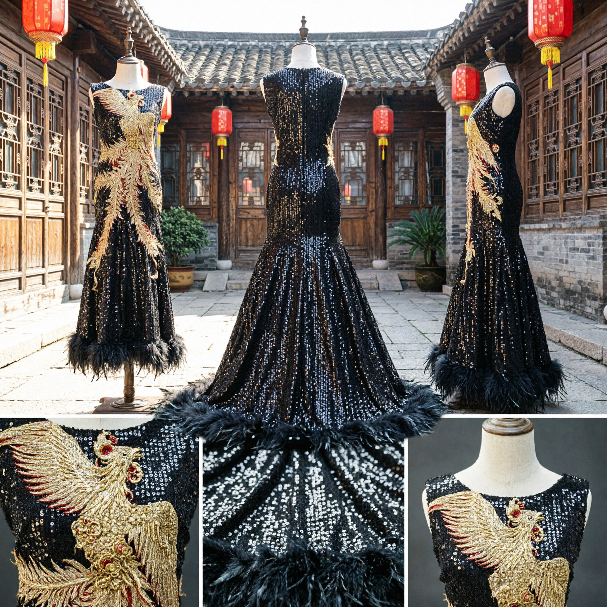 Luxury Black Sequin Mermaid Evening Gown Featuring Golden Phoenix Embroidery for Pageant and Stage Performance - Asian Costume