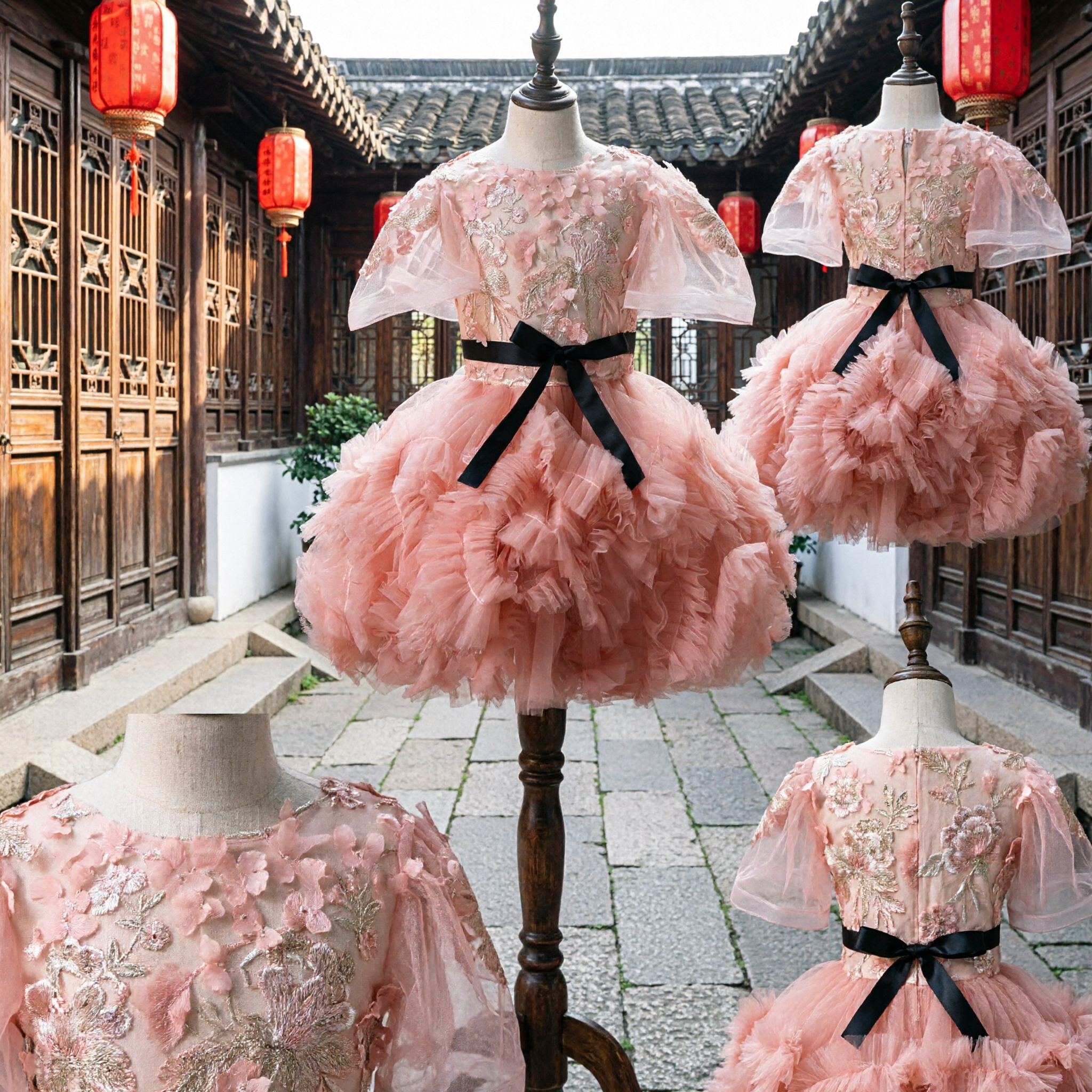 Girls Pink Floral Embroidered Tulle Tutu Dress with Black Sash Flower Girl Wedding Party Gown - Asian Costume