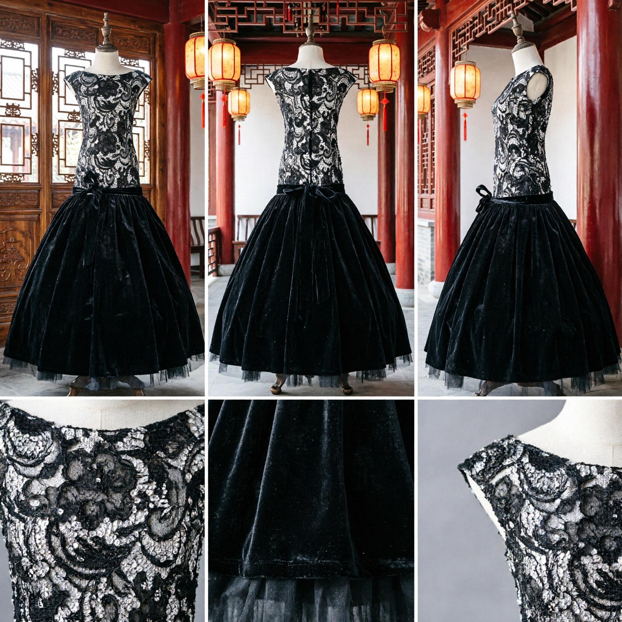 Elegant Black Lace Cap Sleeve Ball Gown for Junior Bridesmaid Flower Girl Wedding Formal Party - Asian Costume