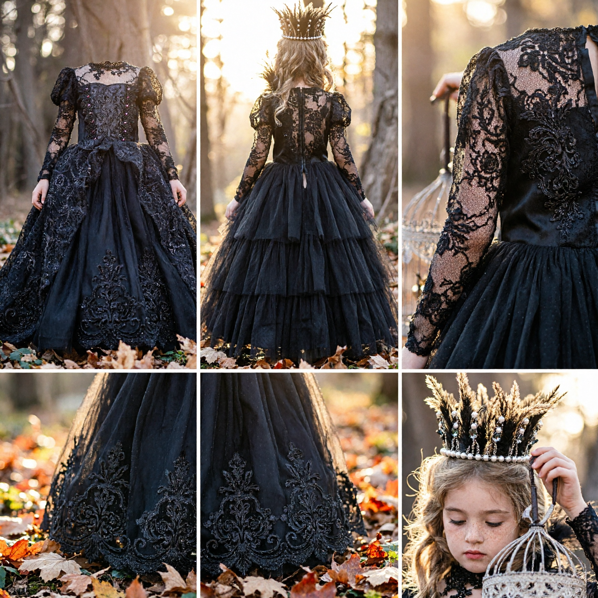 Kids Dark Fantasy Black Lace Ballgown Dress Gothic Princess Halloween Party Costume with Crown - Asian Costume