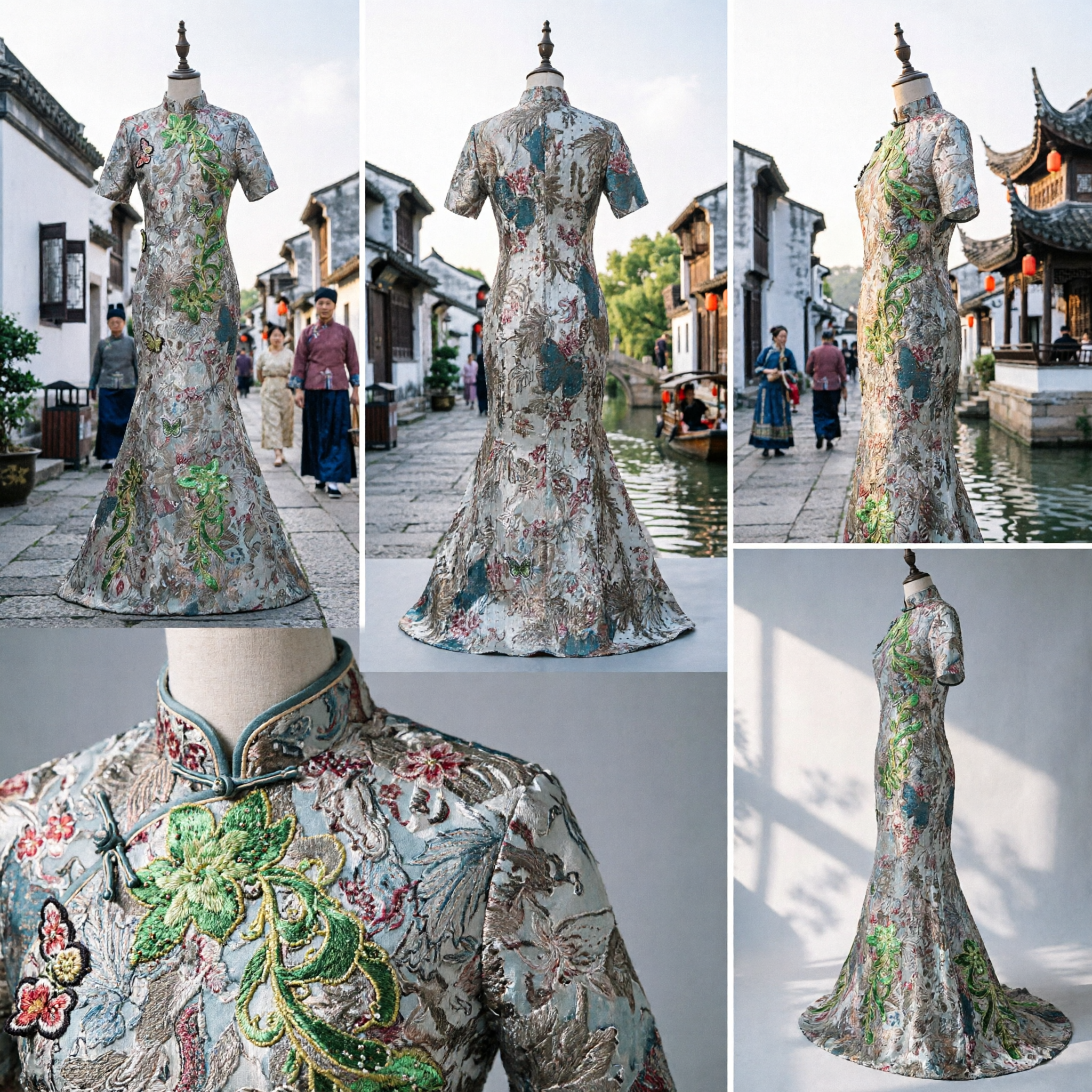 Traditional Chinese Floral Embroidery Cheongsam Dress Women Fishtail Qipao Formal Wedding Evening Gown - Asian Costume