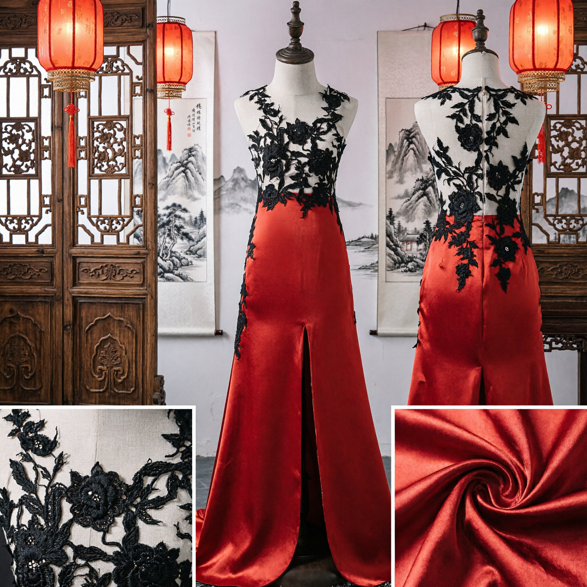 Women's Red Satin Evening Gown with Black Floral Lace Bodice Formal Stage Performance Dress - Asian Costume