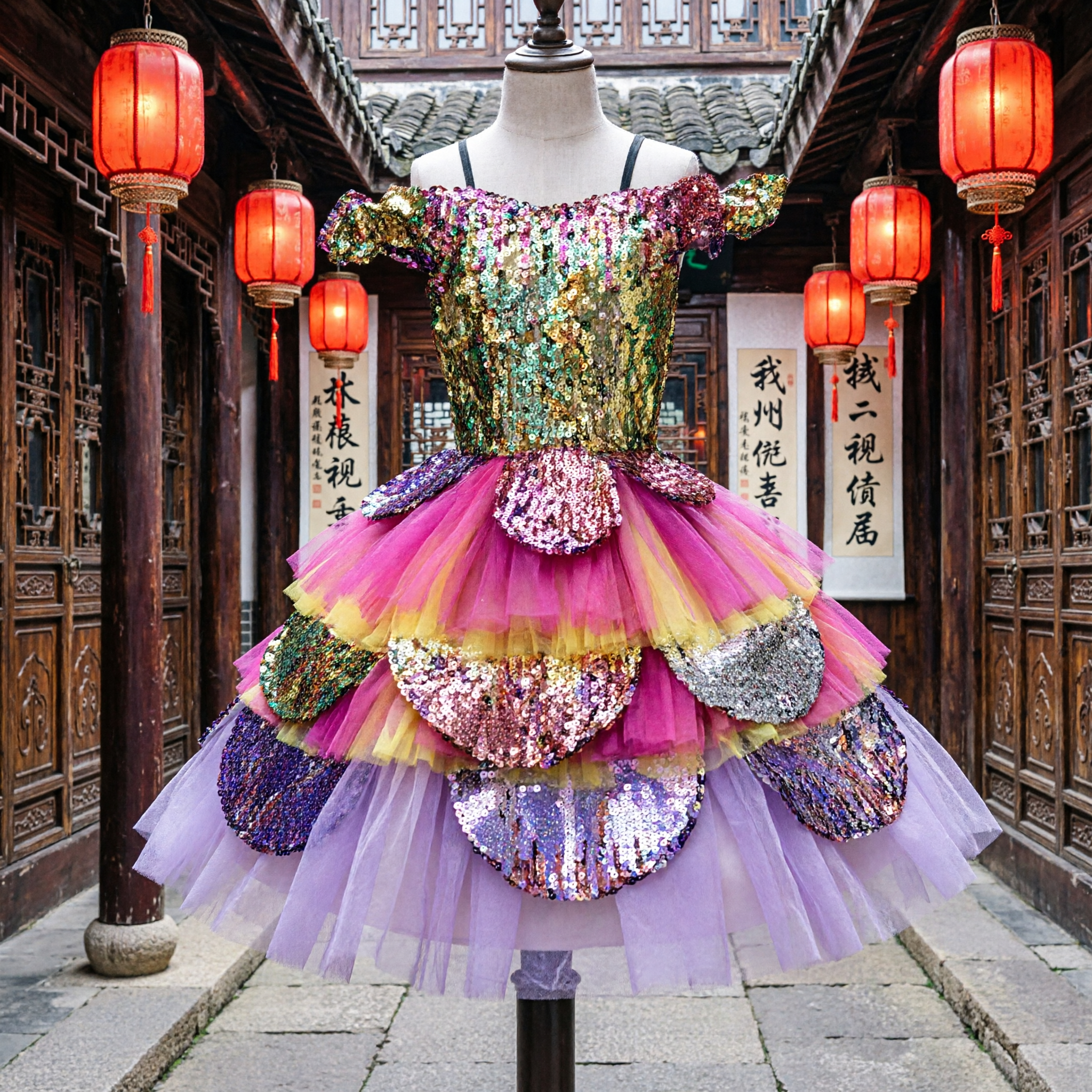 Colorful Sequin Off-Shoulder Ballet Tutu Dress for Girls Flower Fairy Stage Performance - Asian Costume