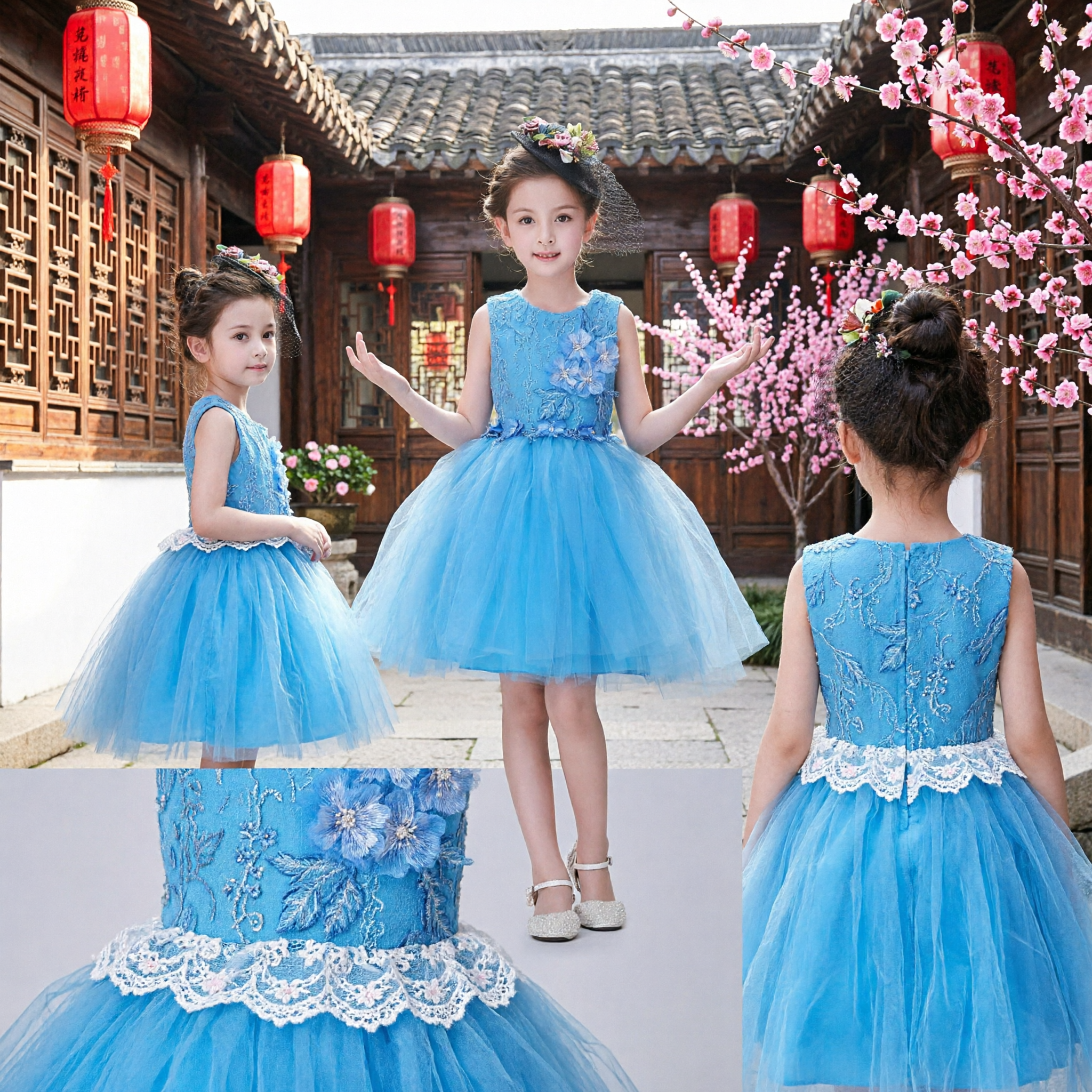 Girls Blue Lace Floral Applique Tulle Ball Gown Princess Dress for Kids Wedding Party Performance - Asian Costume